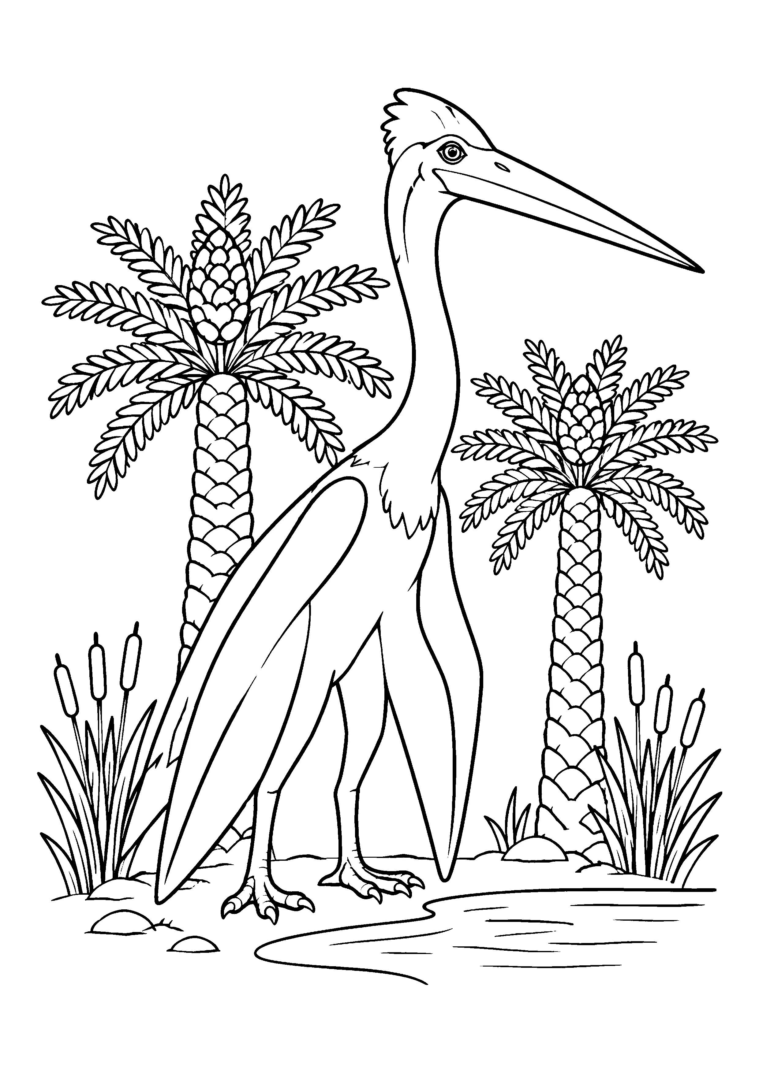 Quetzalcoatlus beside shallow pool coloring page, printable line art
