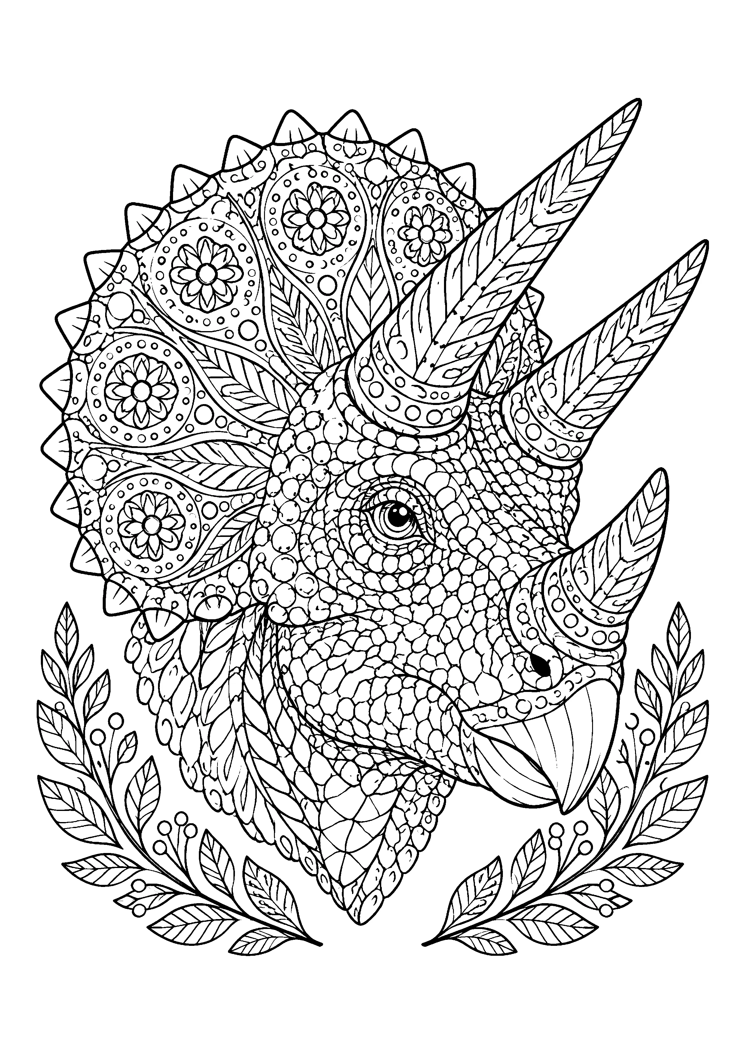Triceratops head with ornamental frill coloring page, printable line art