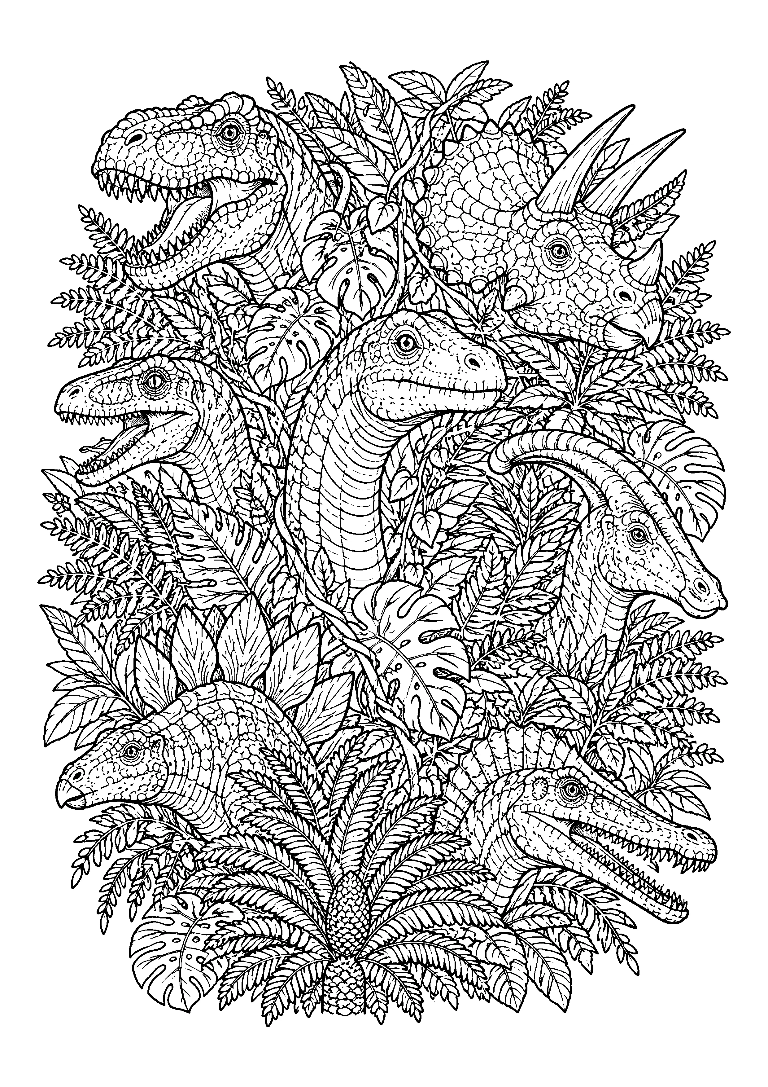 Dinosaur heads in jungle foliage coloring page, printable line art