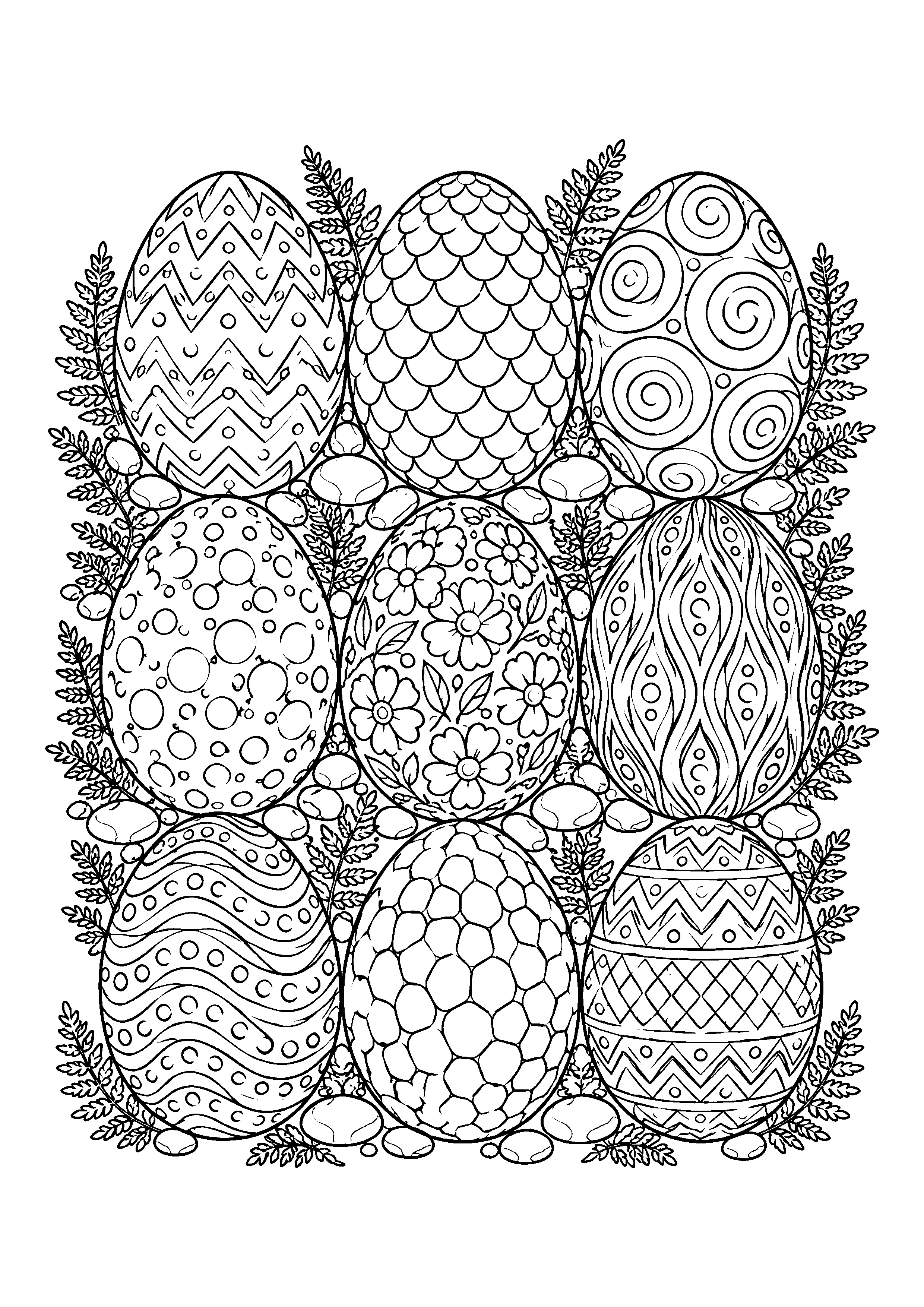 Nine dinosaur eggs with patterns coloring page, printable line art