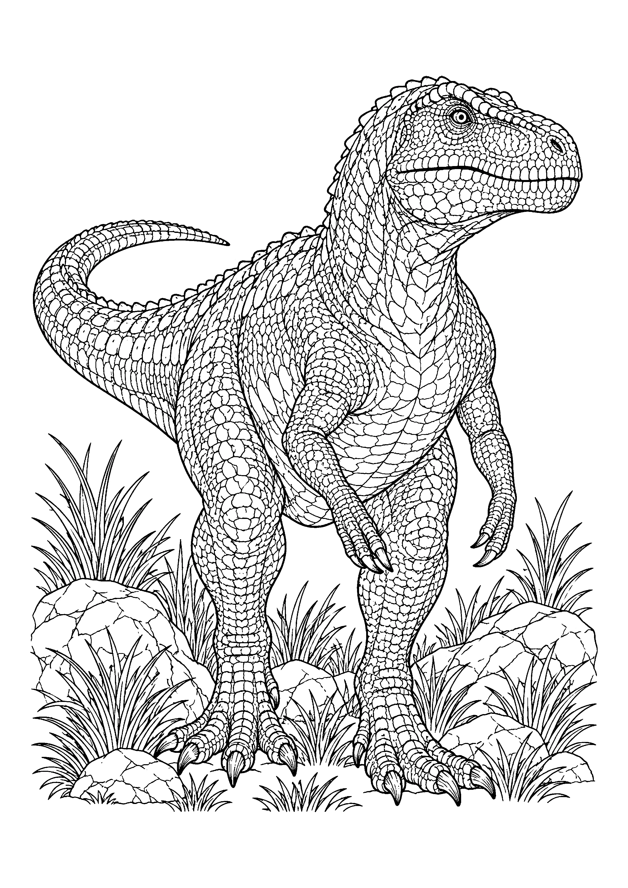 Giganotosaurus in rocky grass coloring page, printable line art