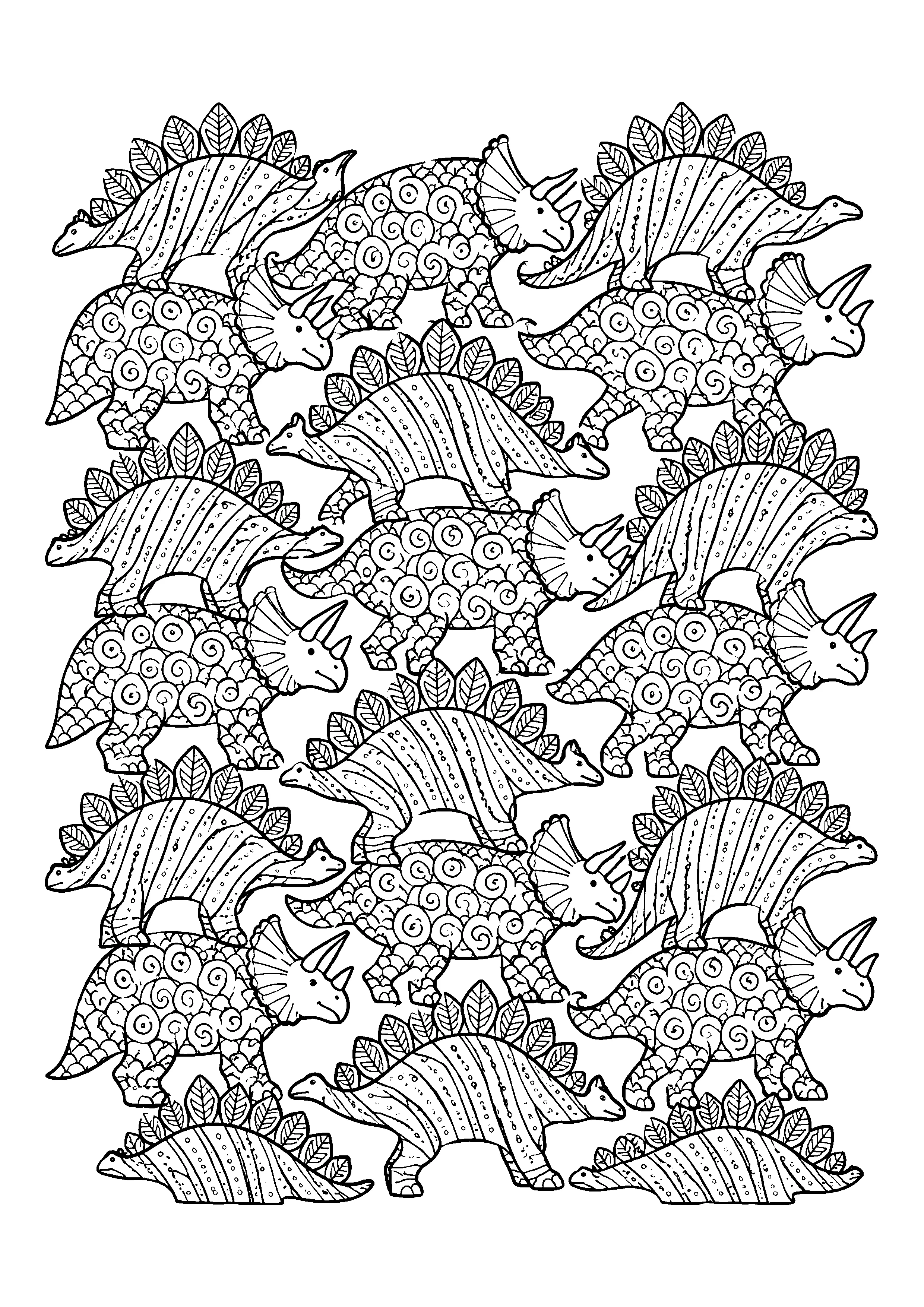 Stegosaurus and Triceratops tessellation coloring page, printable line art