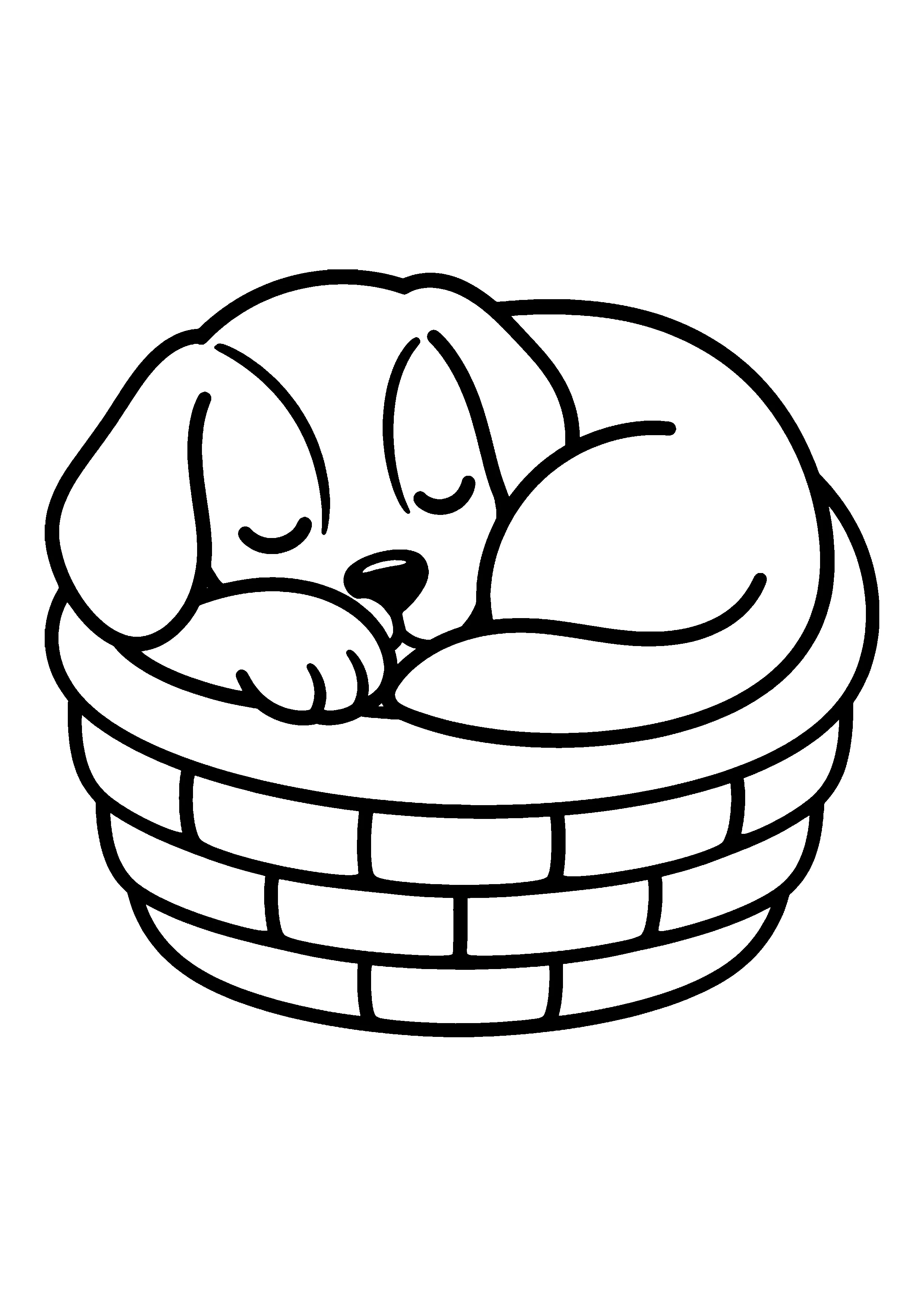 Puppy asleep in basket coloring page, printable line art