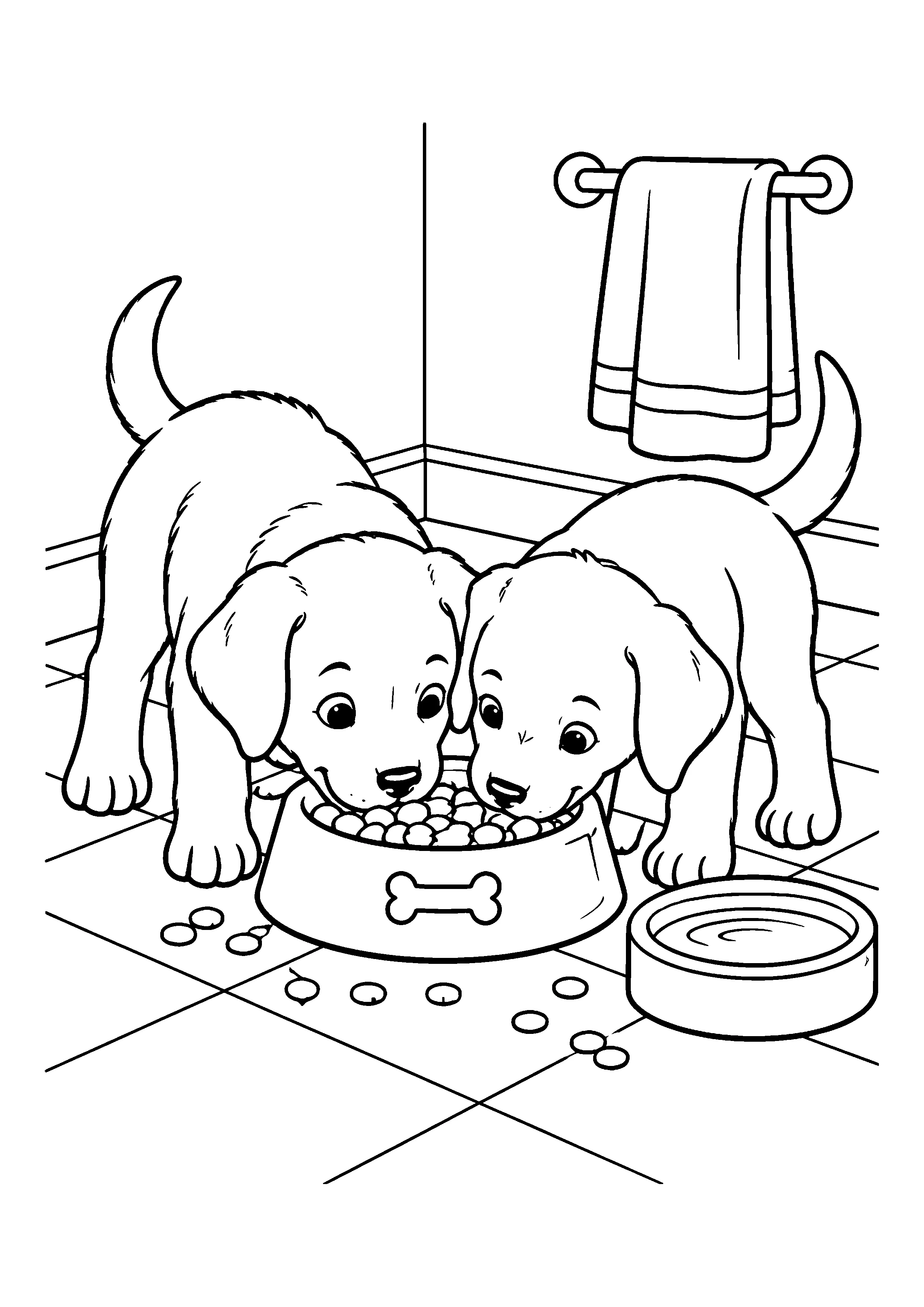 Puppies sharing food bowl coloring page, printable line art