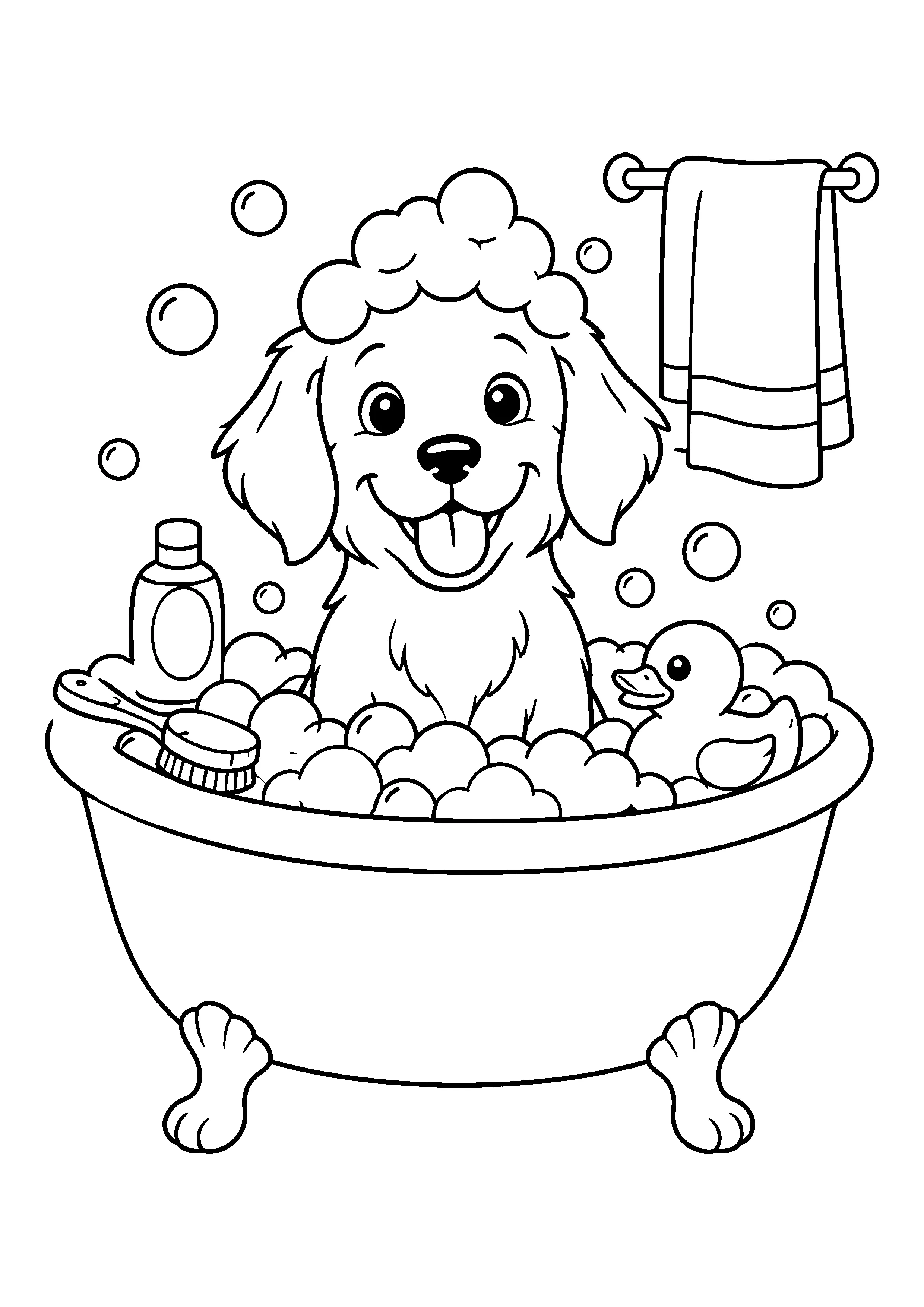 Puppy in bubble bath coloring page, printable line art