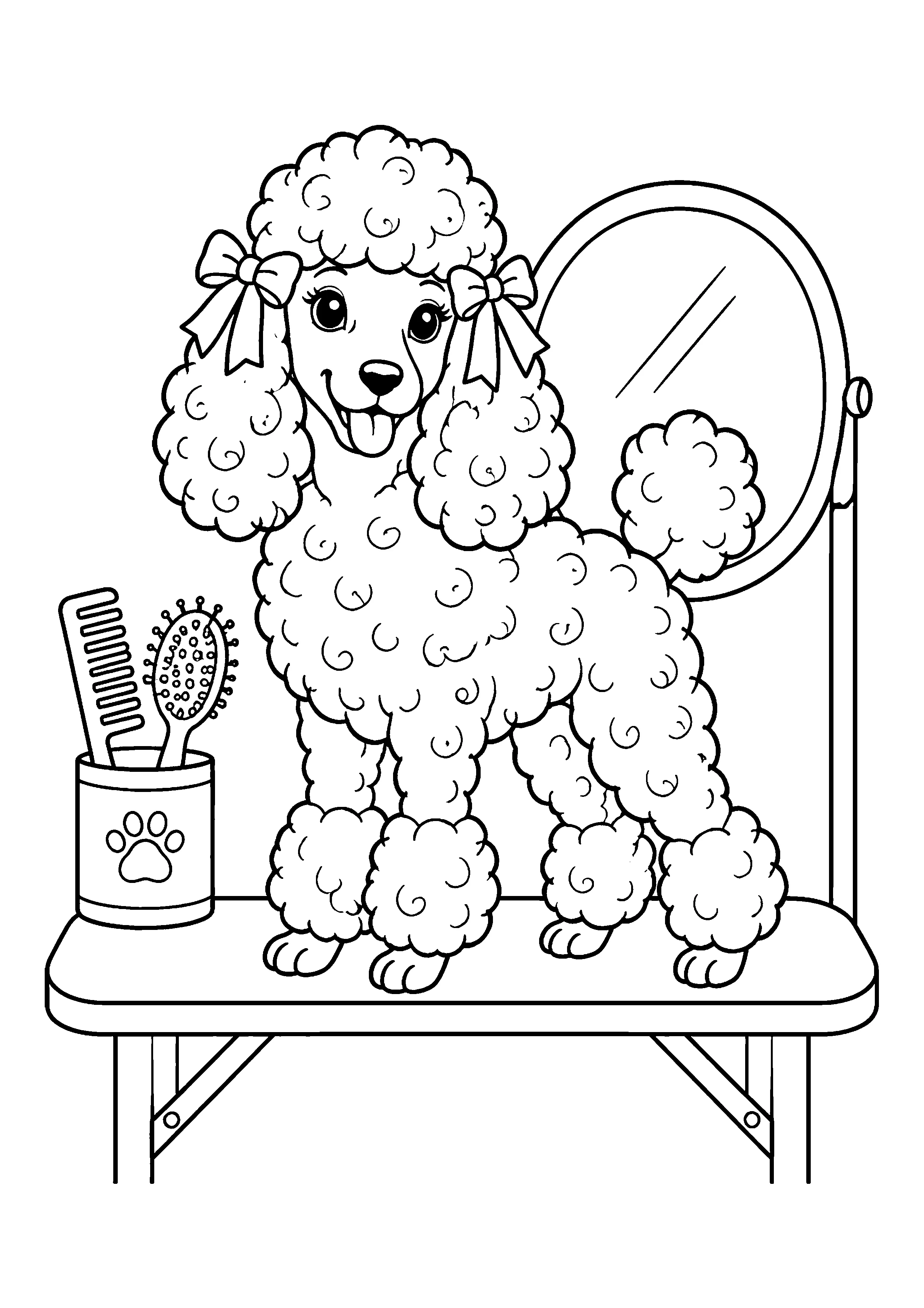 Poodle on grooming table coloring page, printable line art