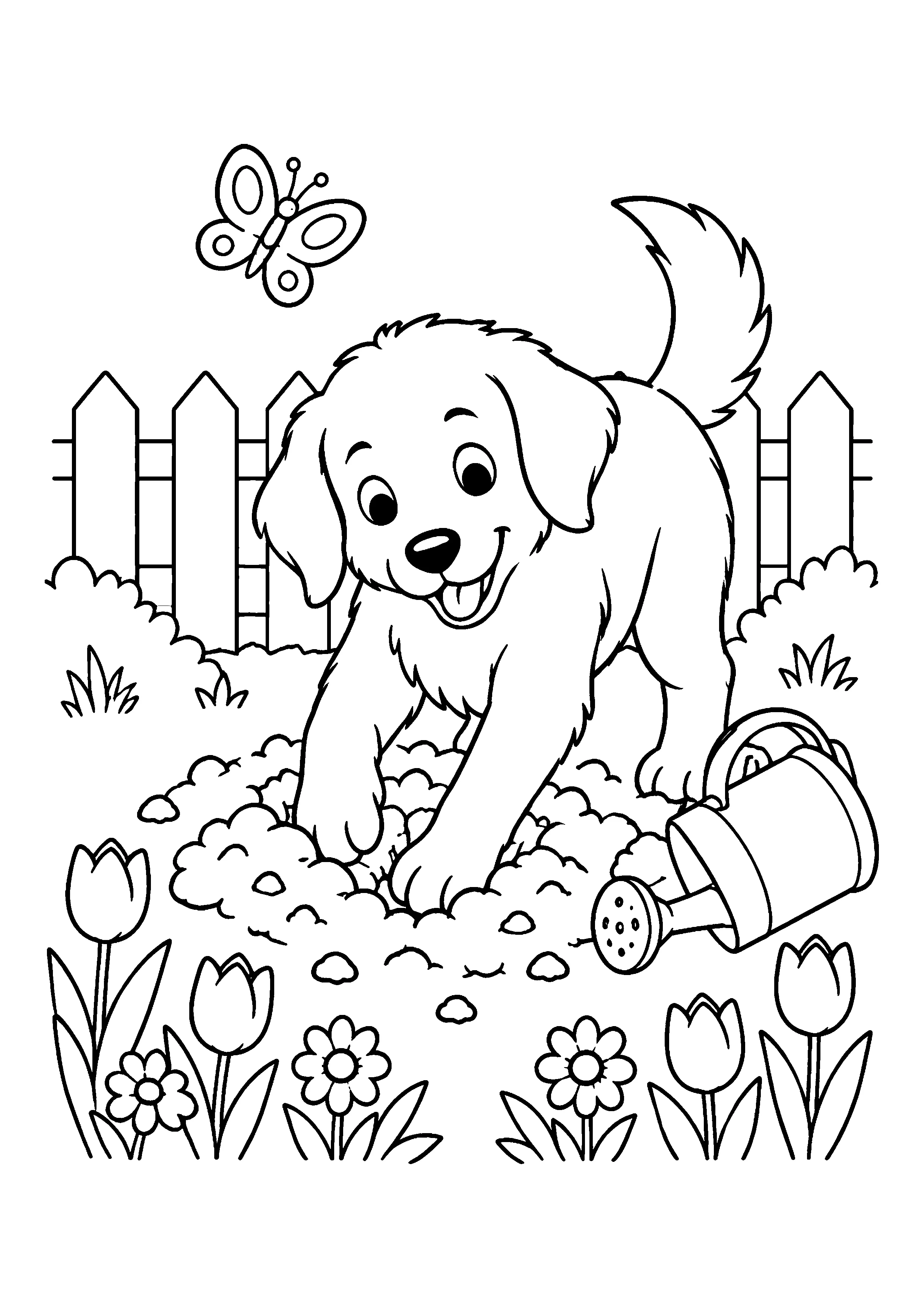 Puppy digging in flower garden coloring page, printable line art