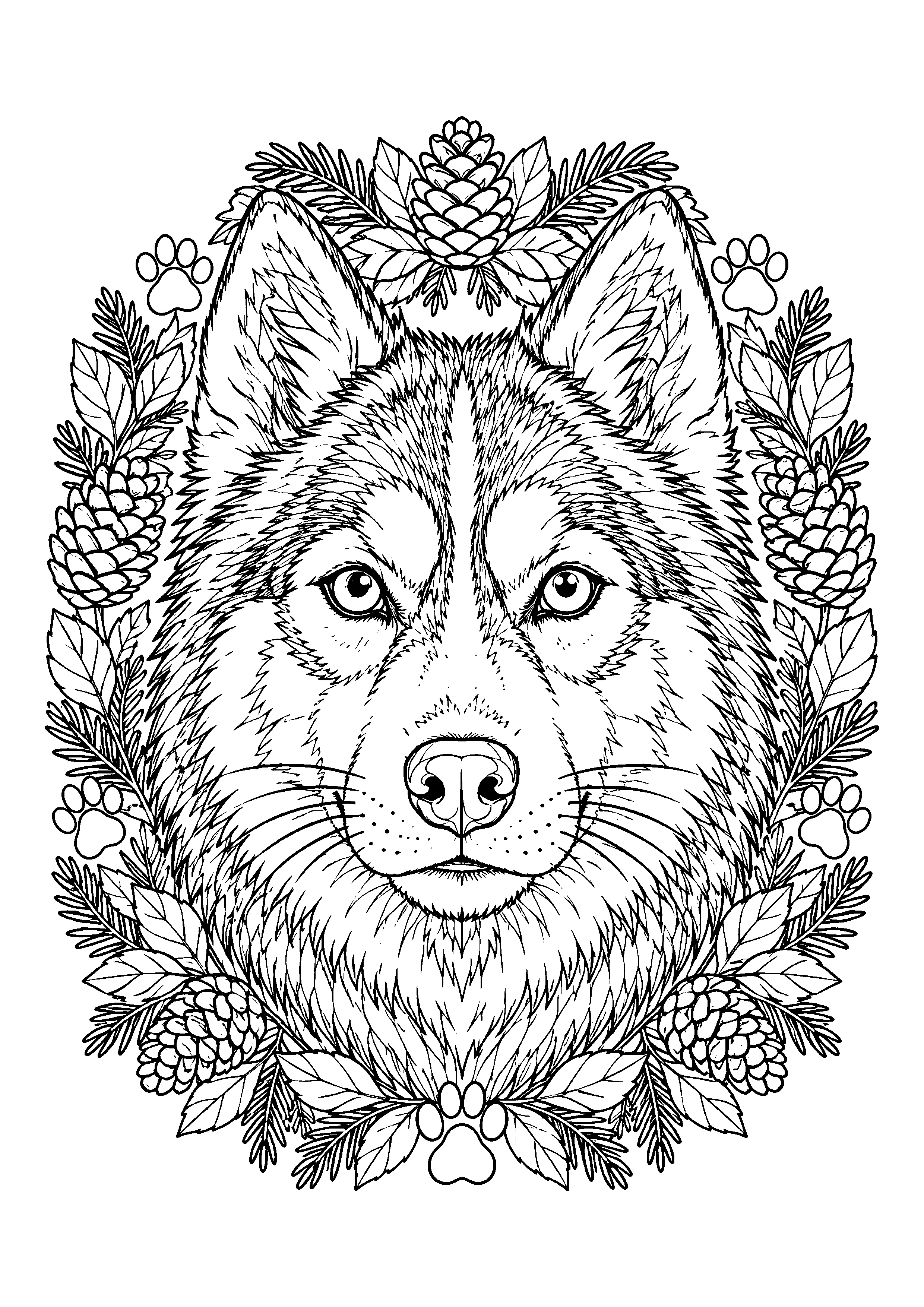 Husky in leaf wreath coloring page, printable line art