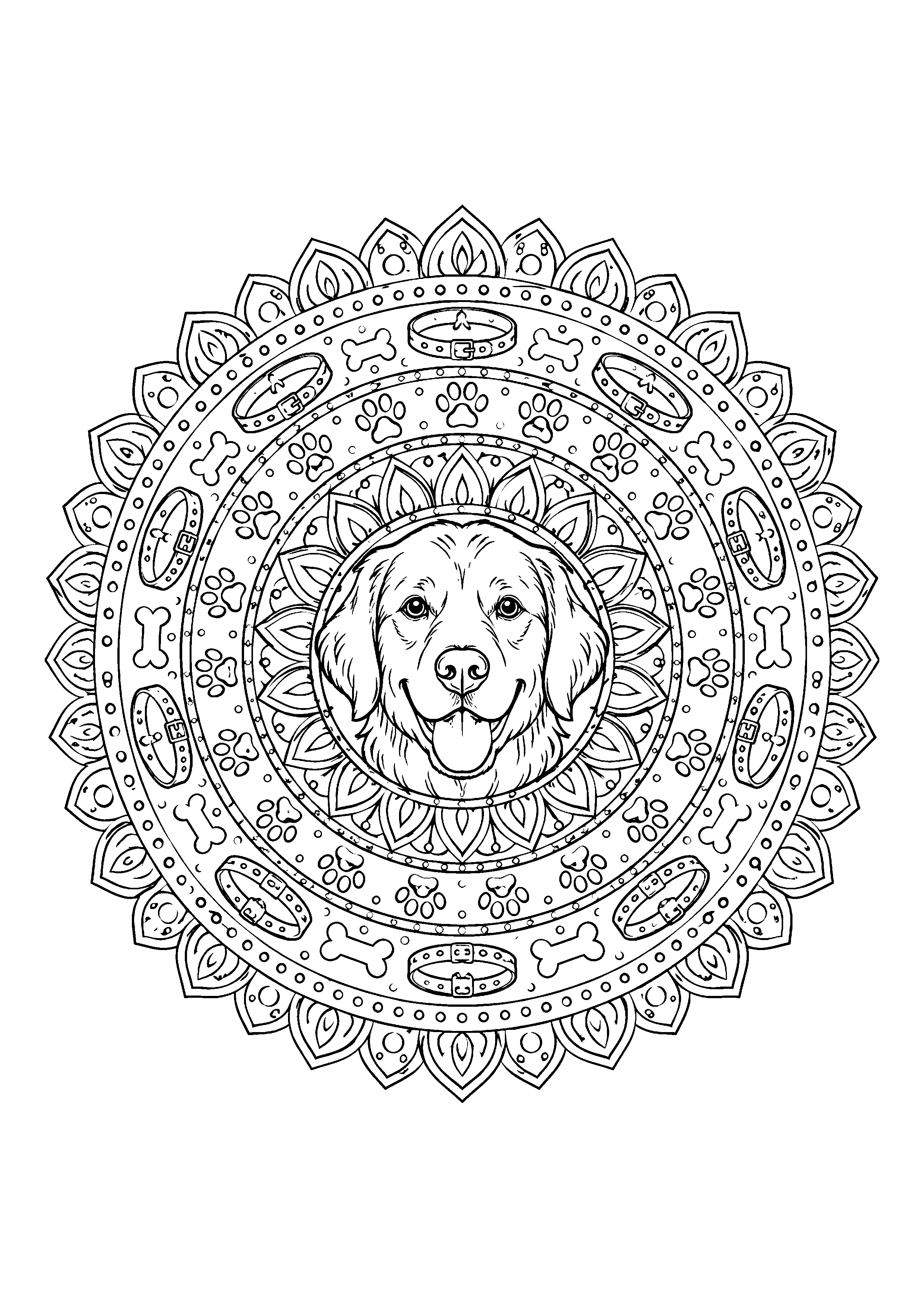 Dog mandala with paw prints coloring page, printable line art