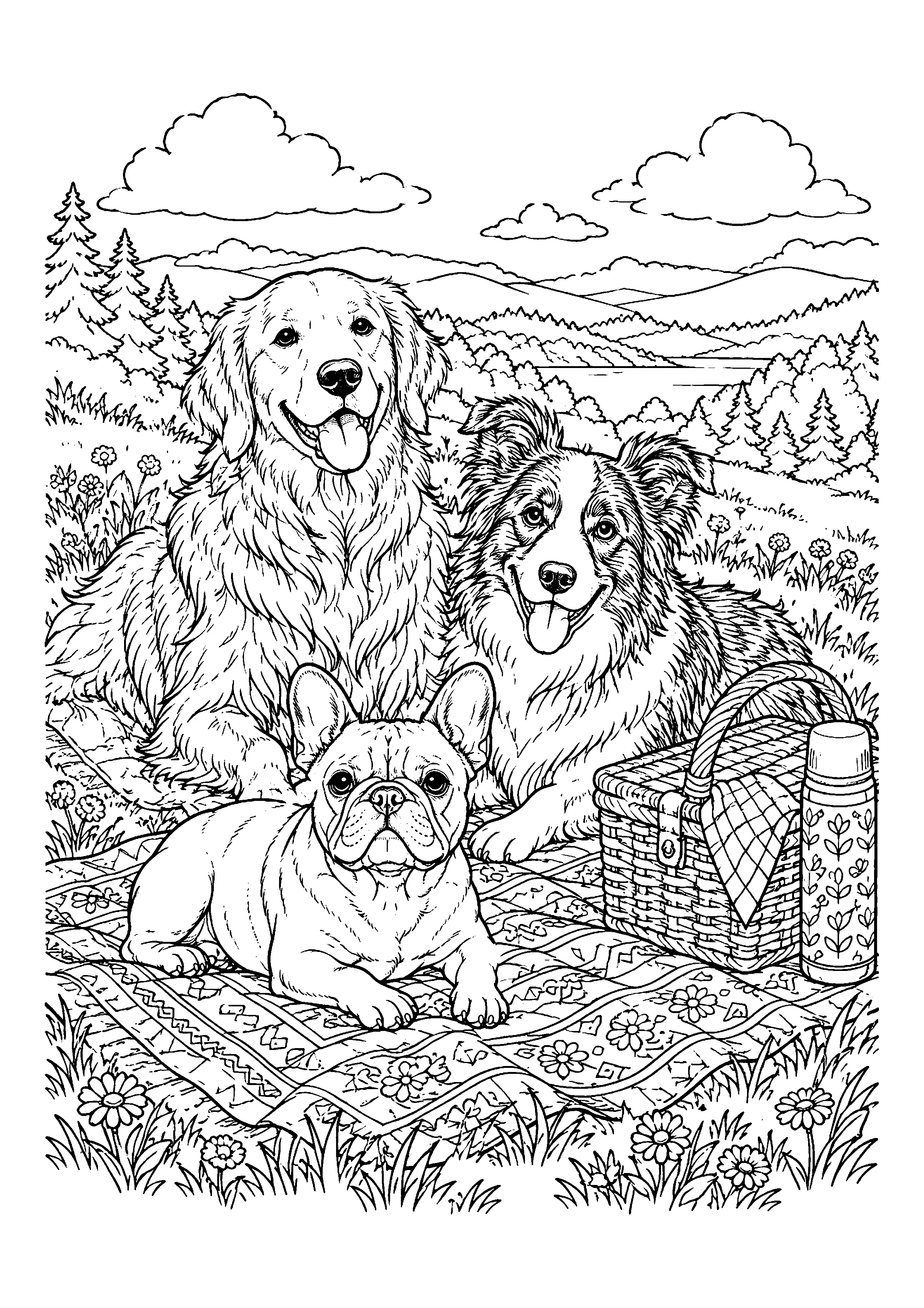 Picnic with three dogs coloring page, printable line art