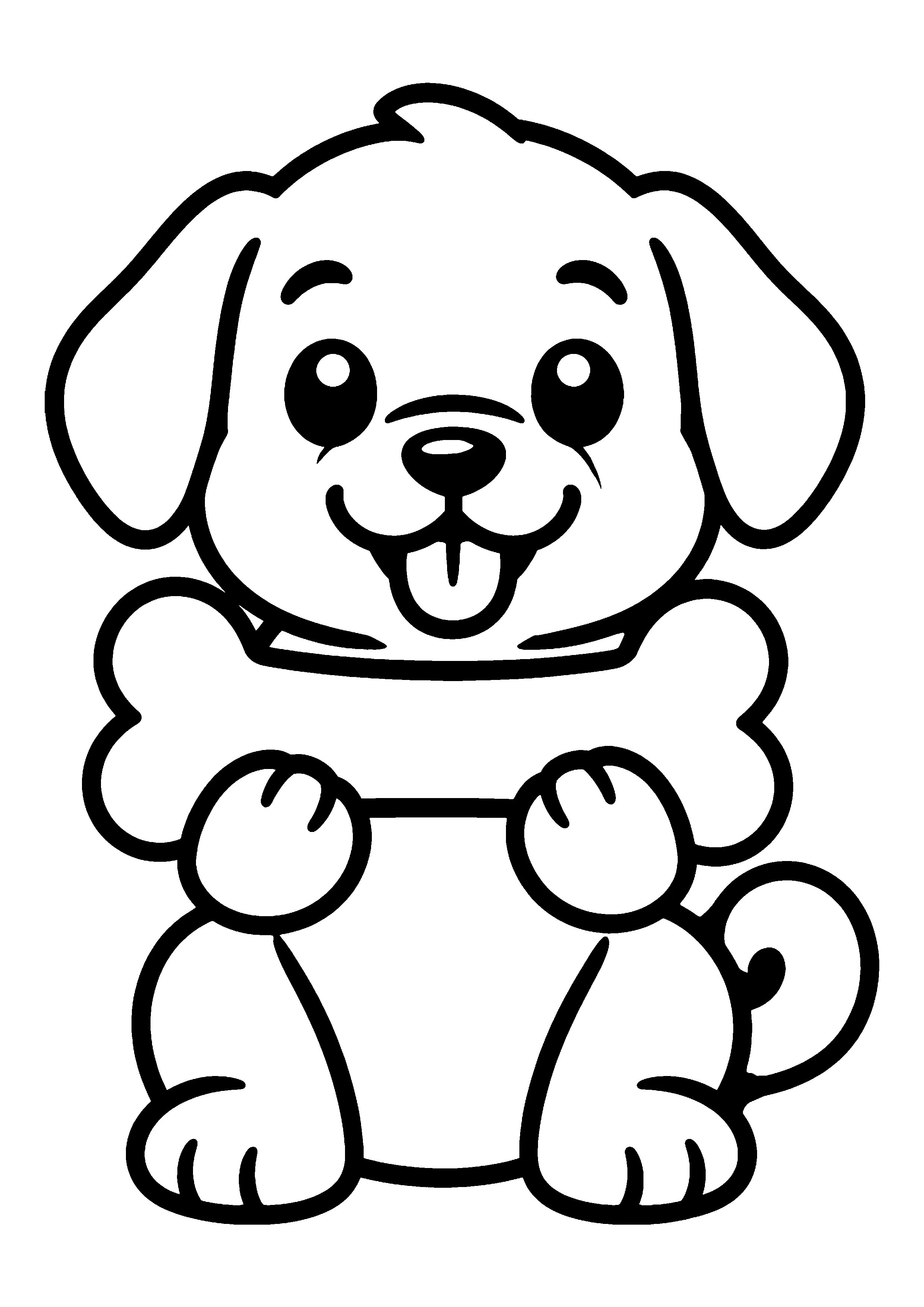 Puppy holding oversized bone coloring page, printable line art