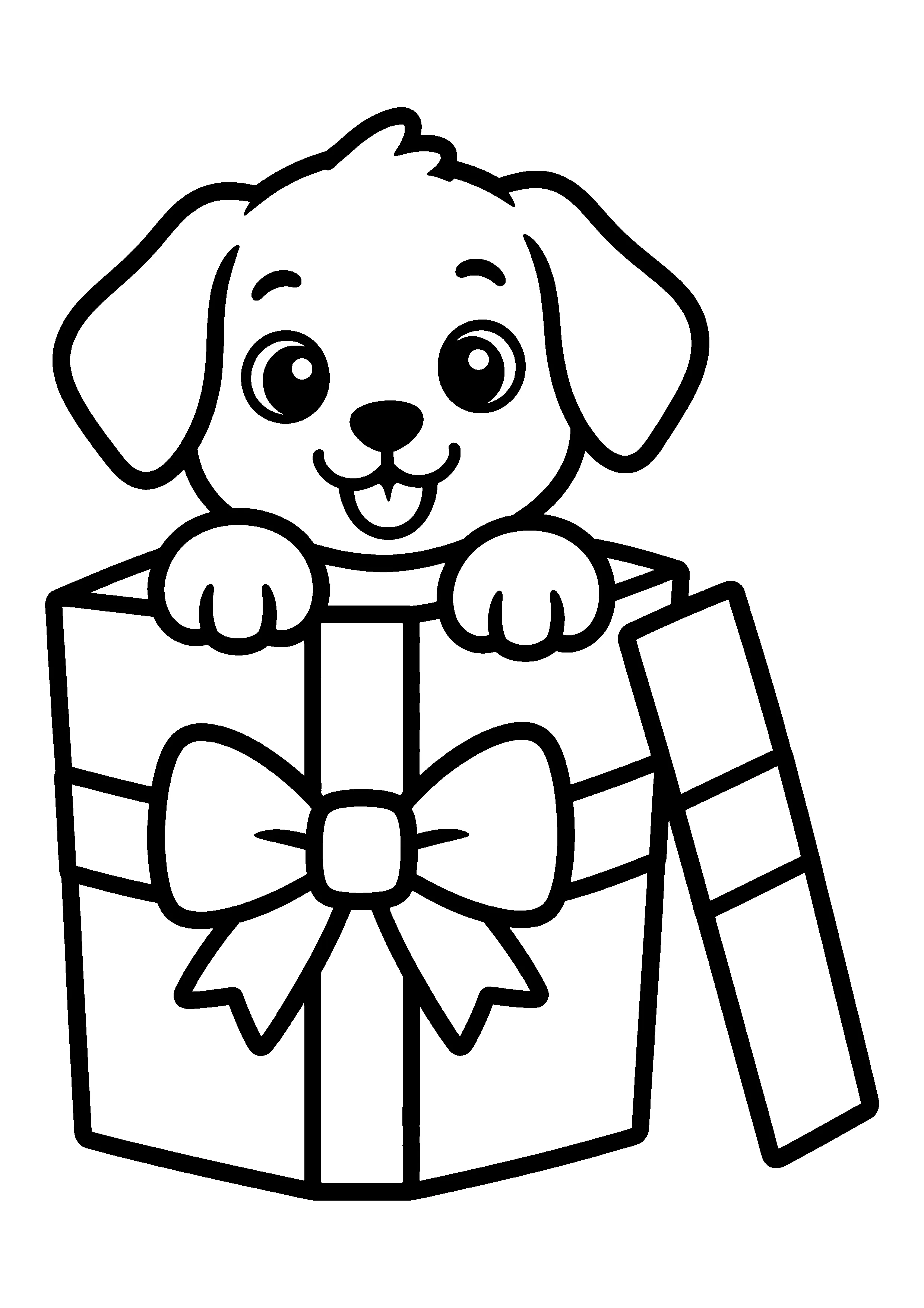 Puppy in gift box coloring page, printable line art