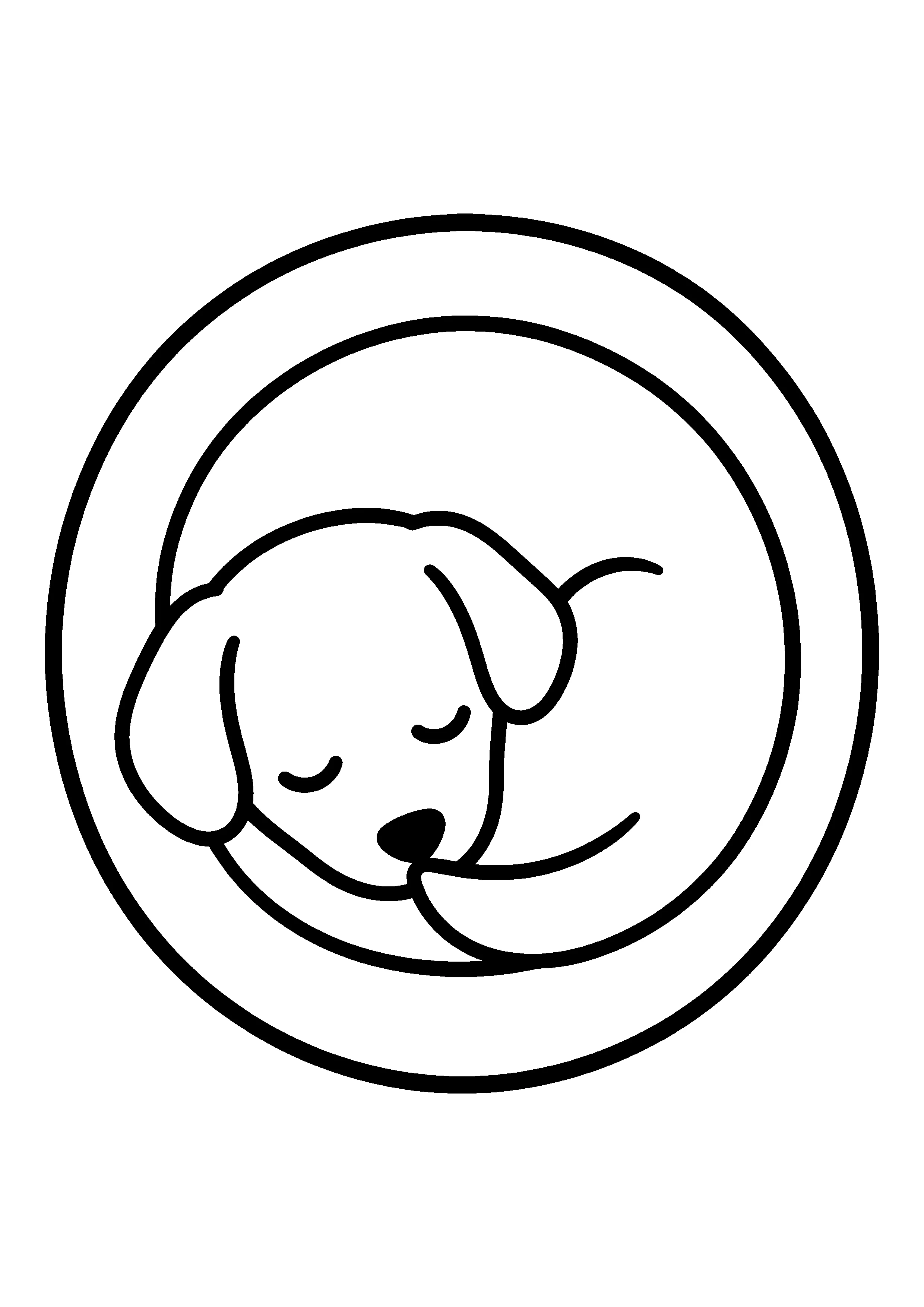 Puppy curled asleep on round rug coloring page, printable line art