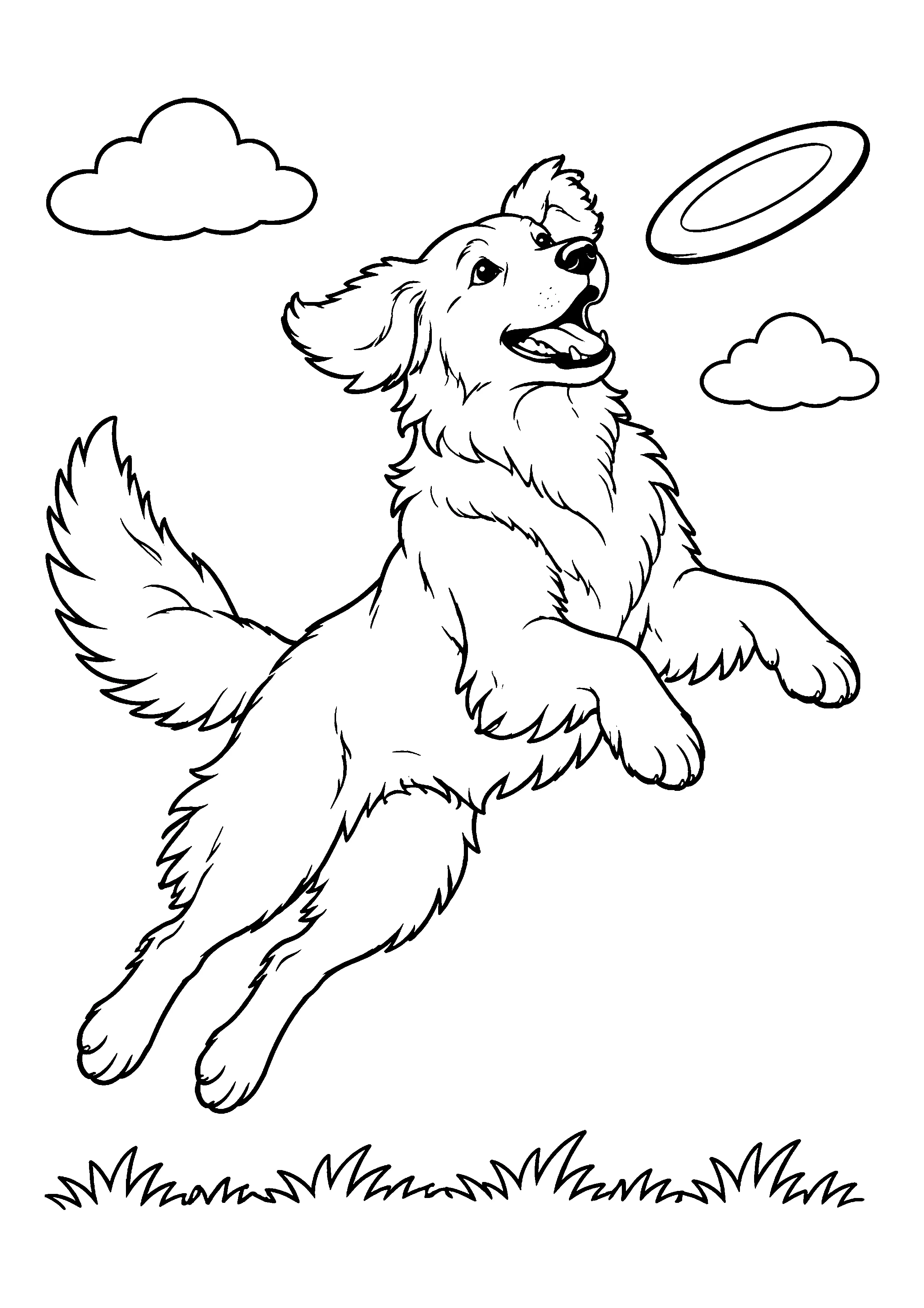 Golden retriever catching flying disc coloring page, printable line art