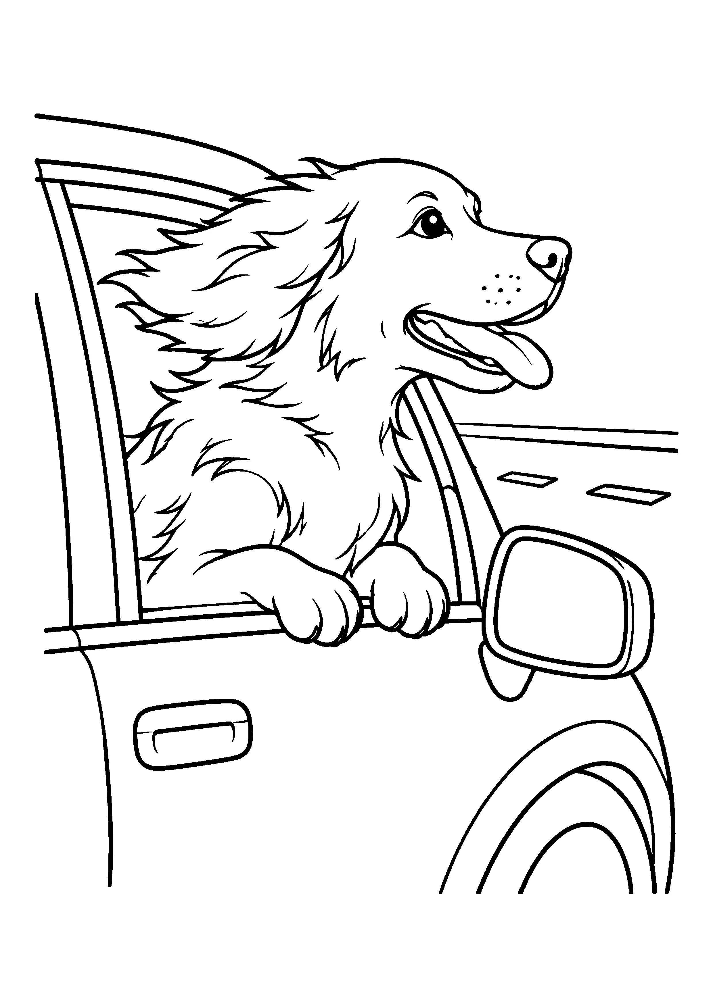 Dog riding in car with head out the window coloring page, printable line art