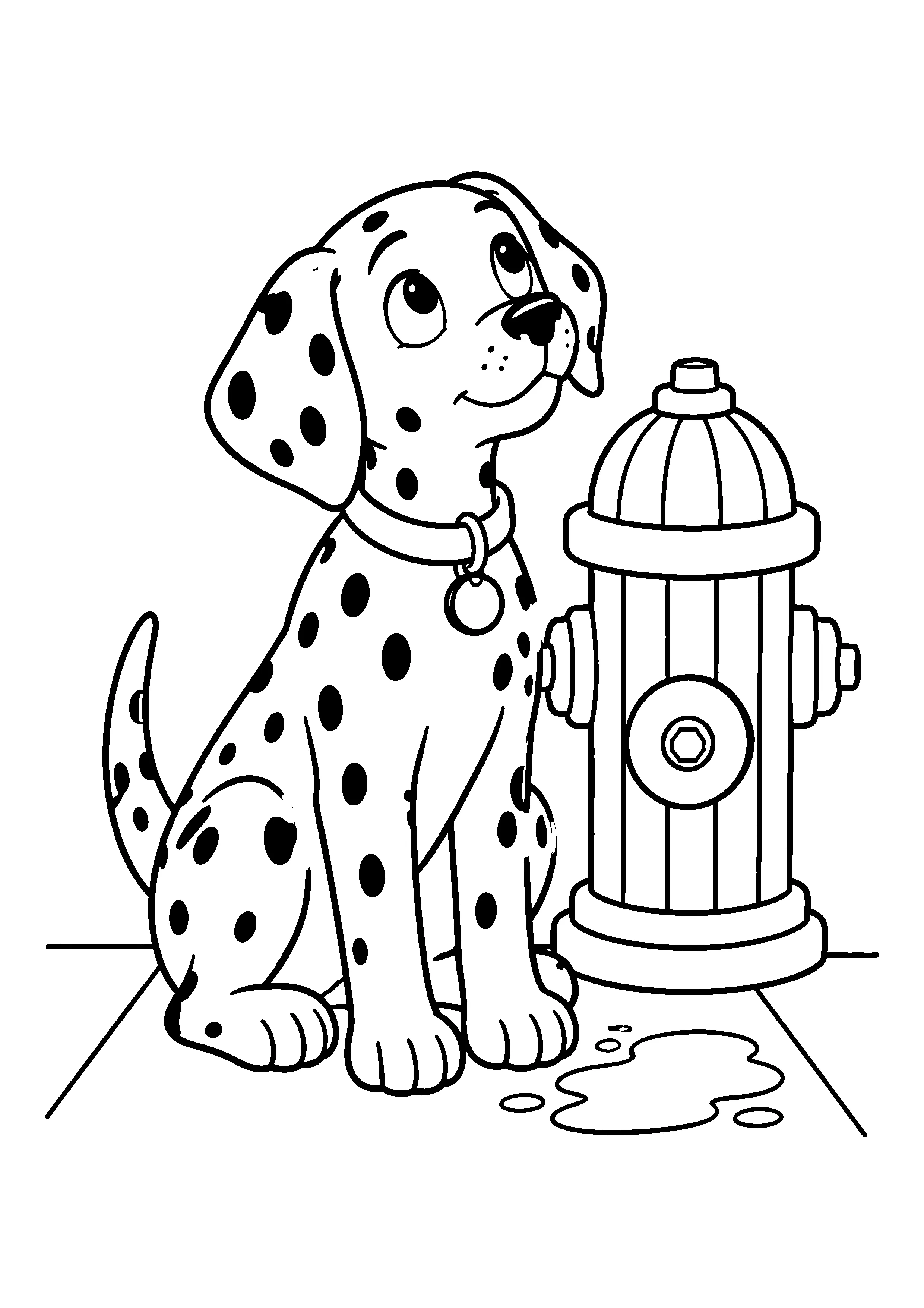 Dalmatian and fire hydrant coloring page, printable line art