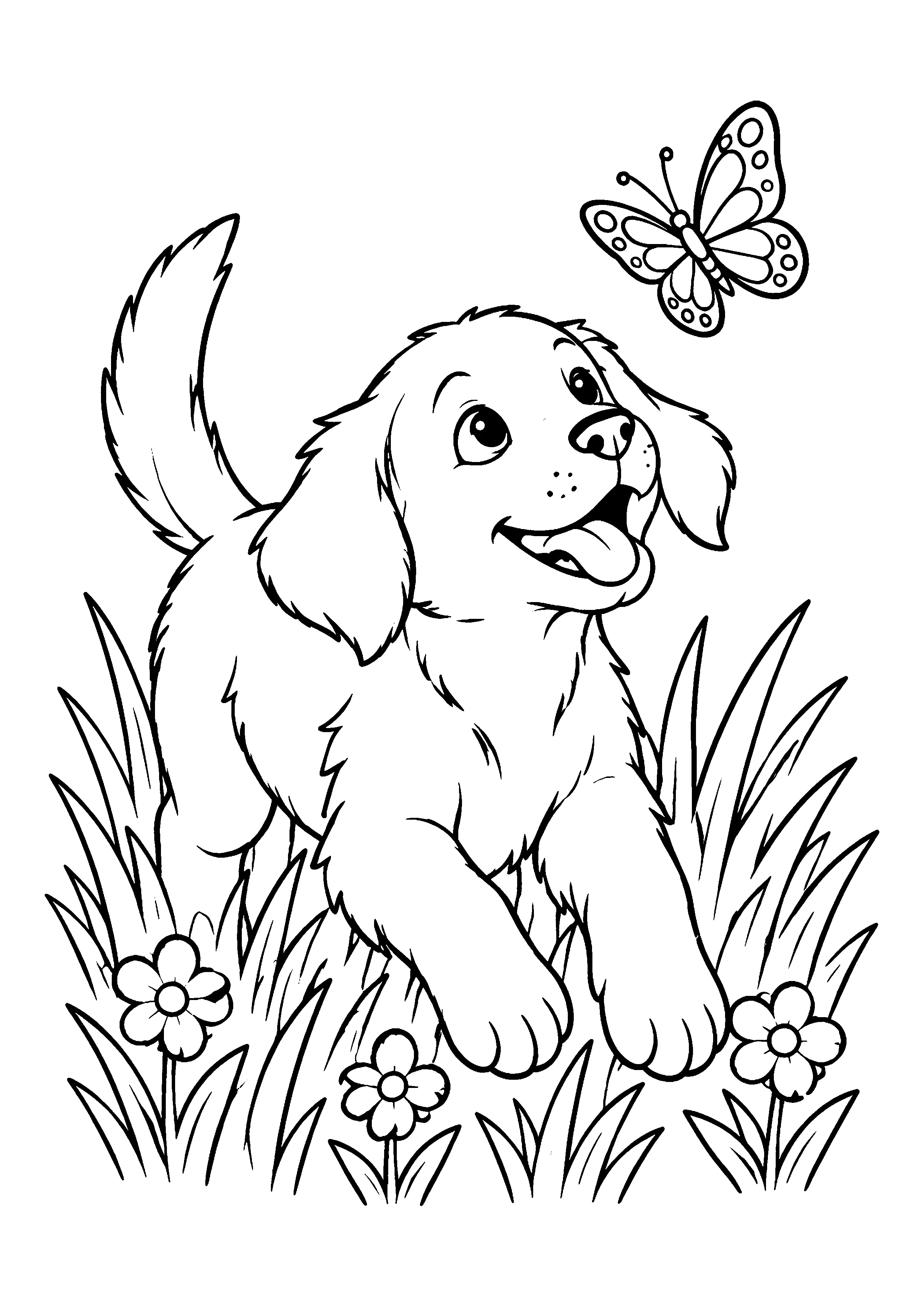 Puppy chasing butterfly in grass coloring page, printable line art