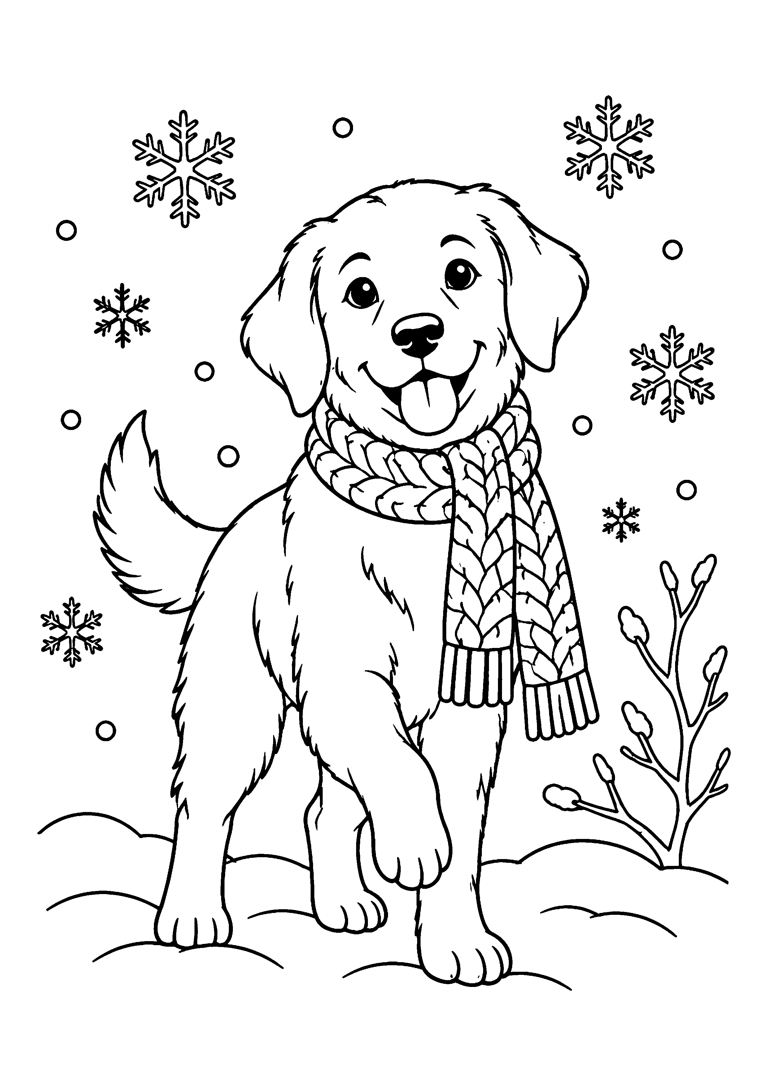 Dog with knitted scarf coloring page, printable line art