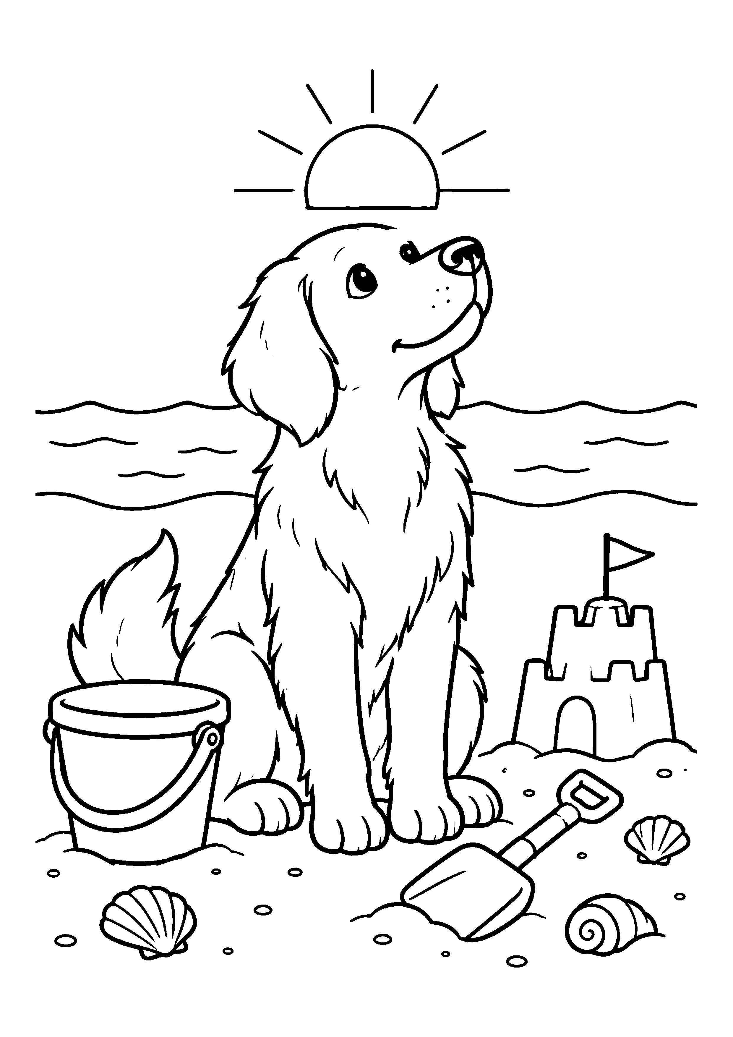 Beach dog with sandcastle coloring page, printable line art