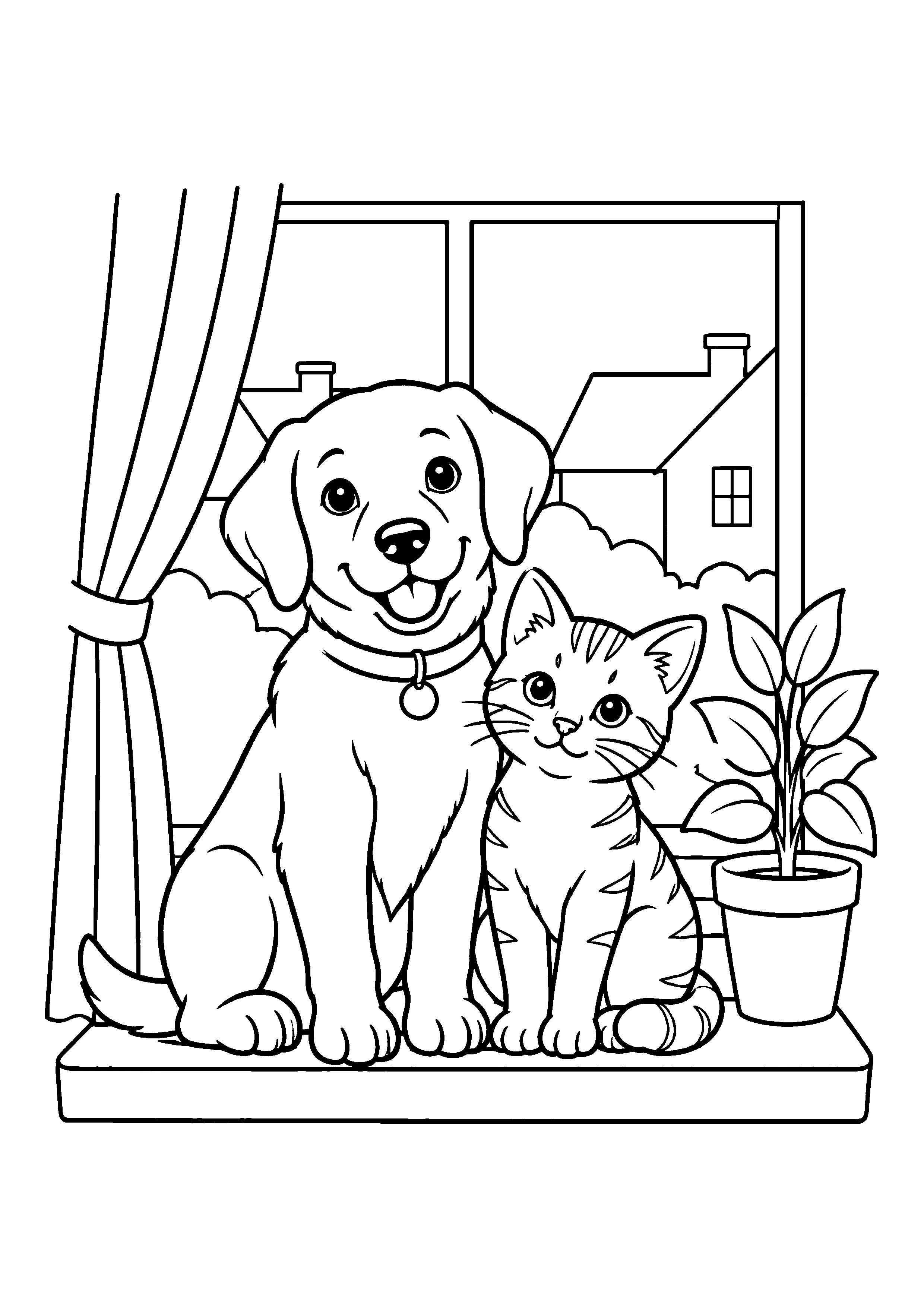 Puppy and kitten together coloring page, printable line art