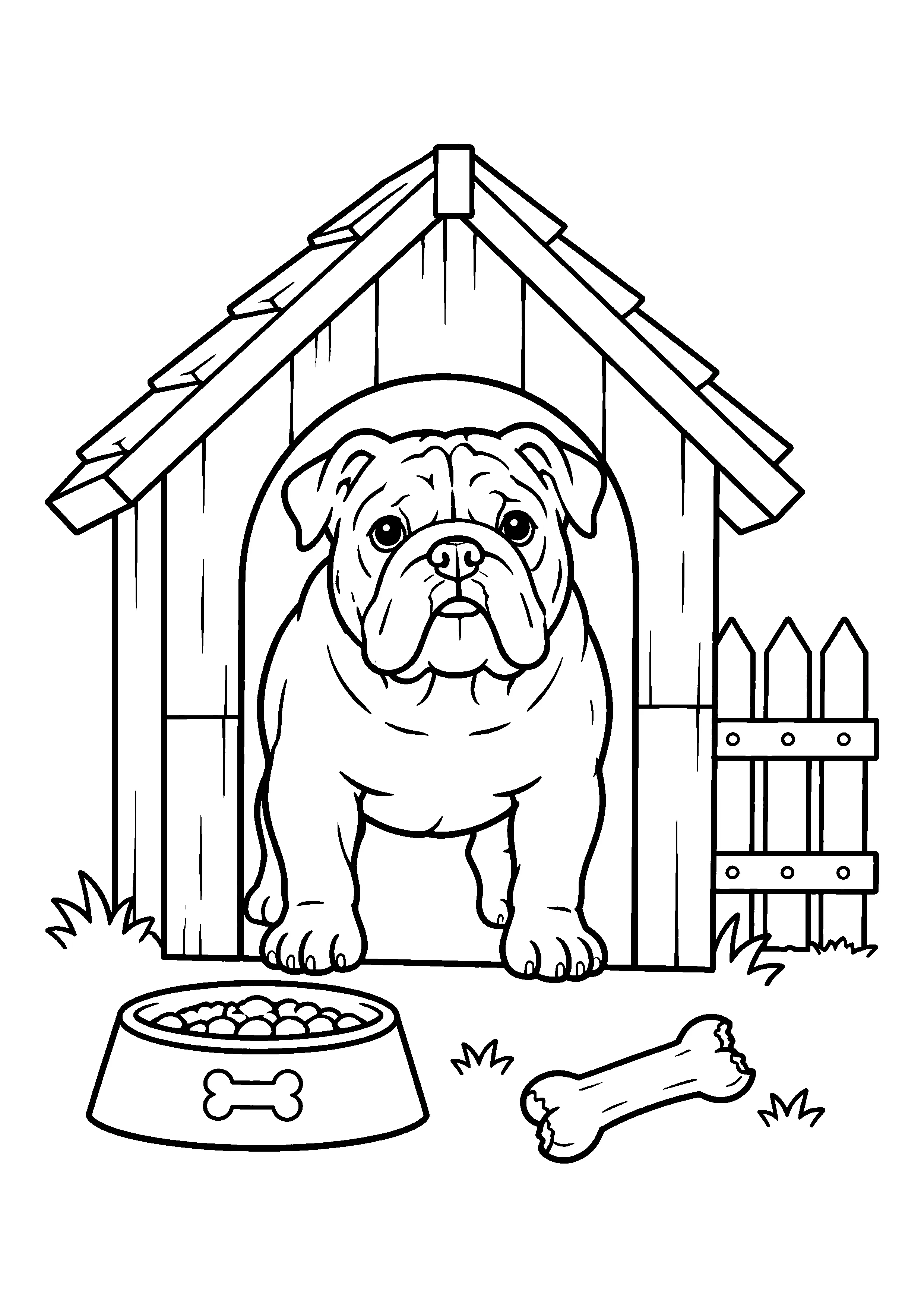 Bulldog in doghouse doorway coloring page, printable line art