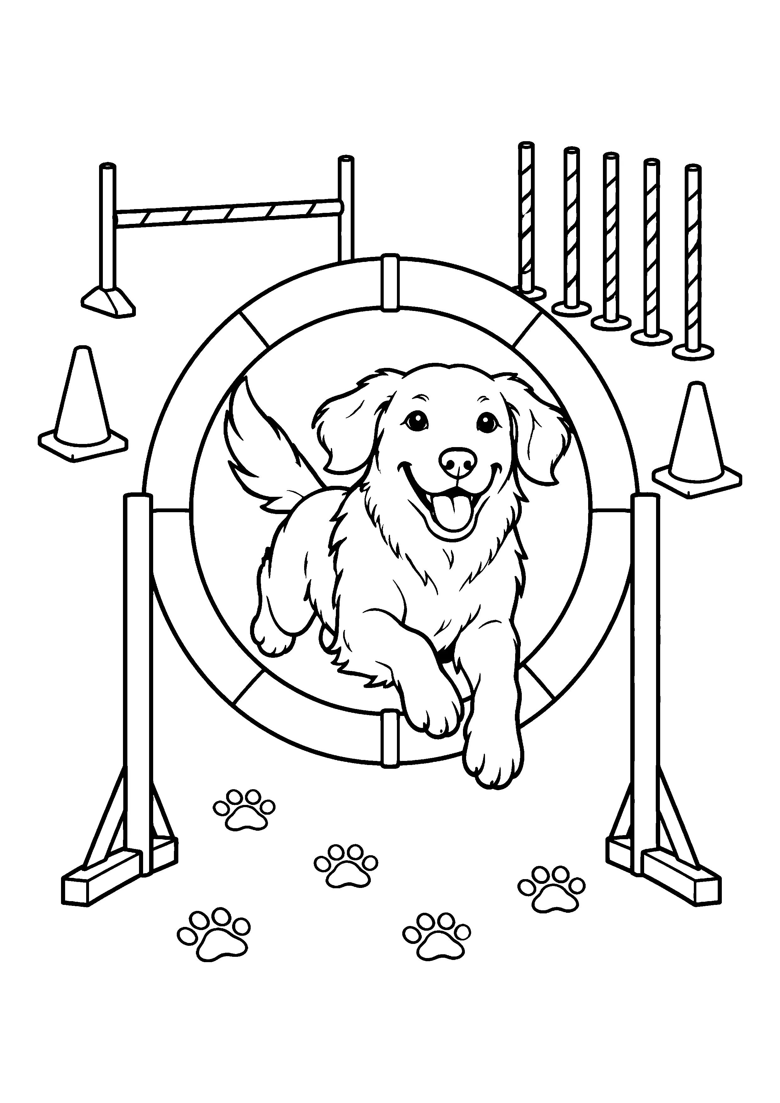 Dog jumping through agility ring coloring page, printable line art