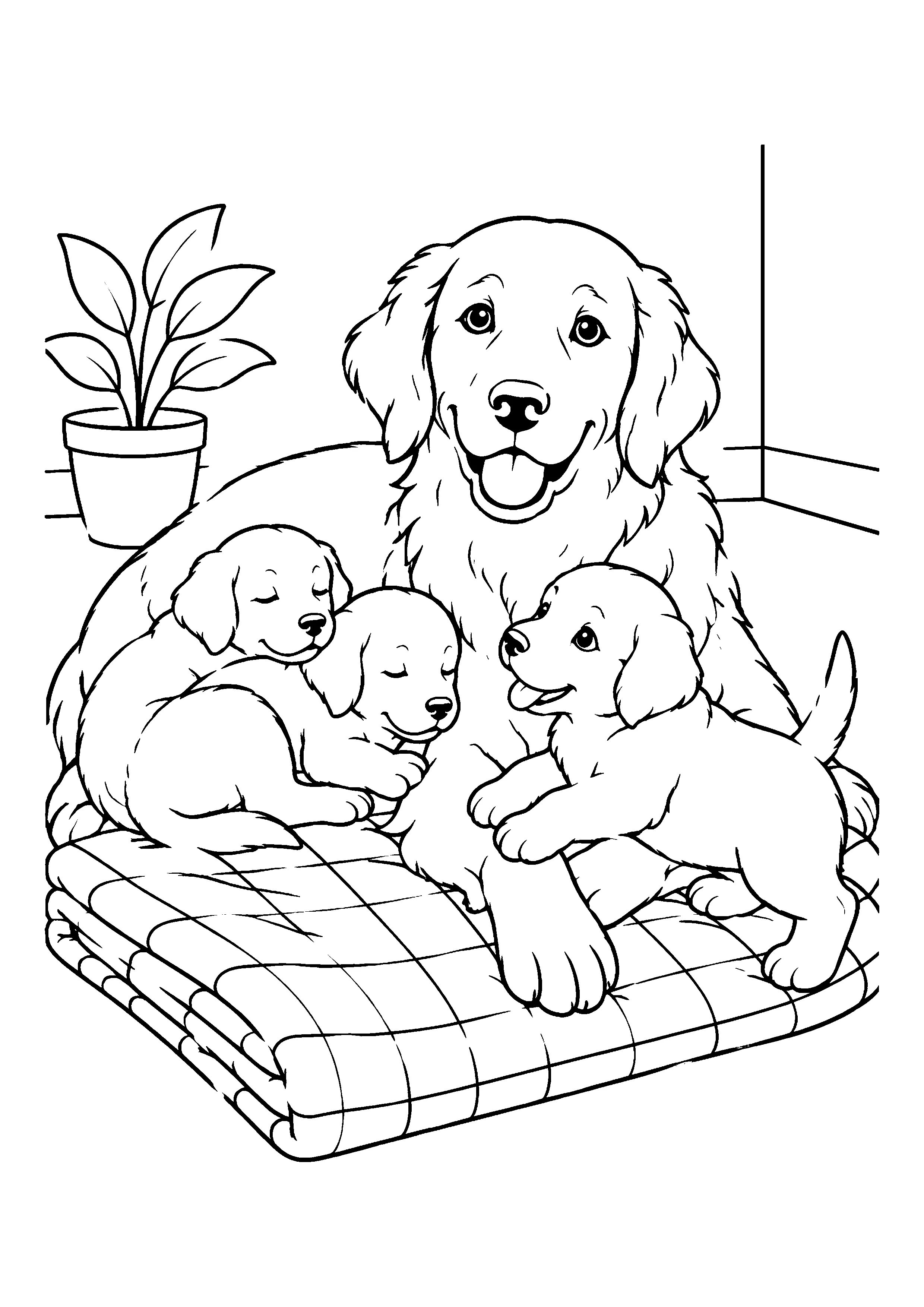Dog family on blanket coloring page, printable line art