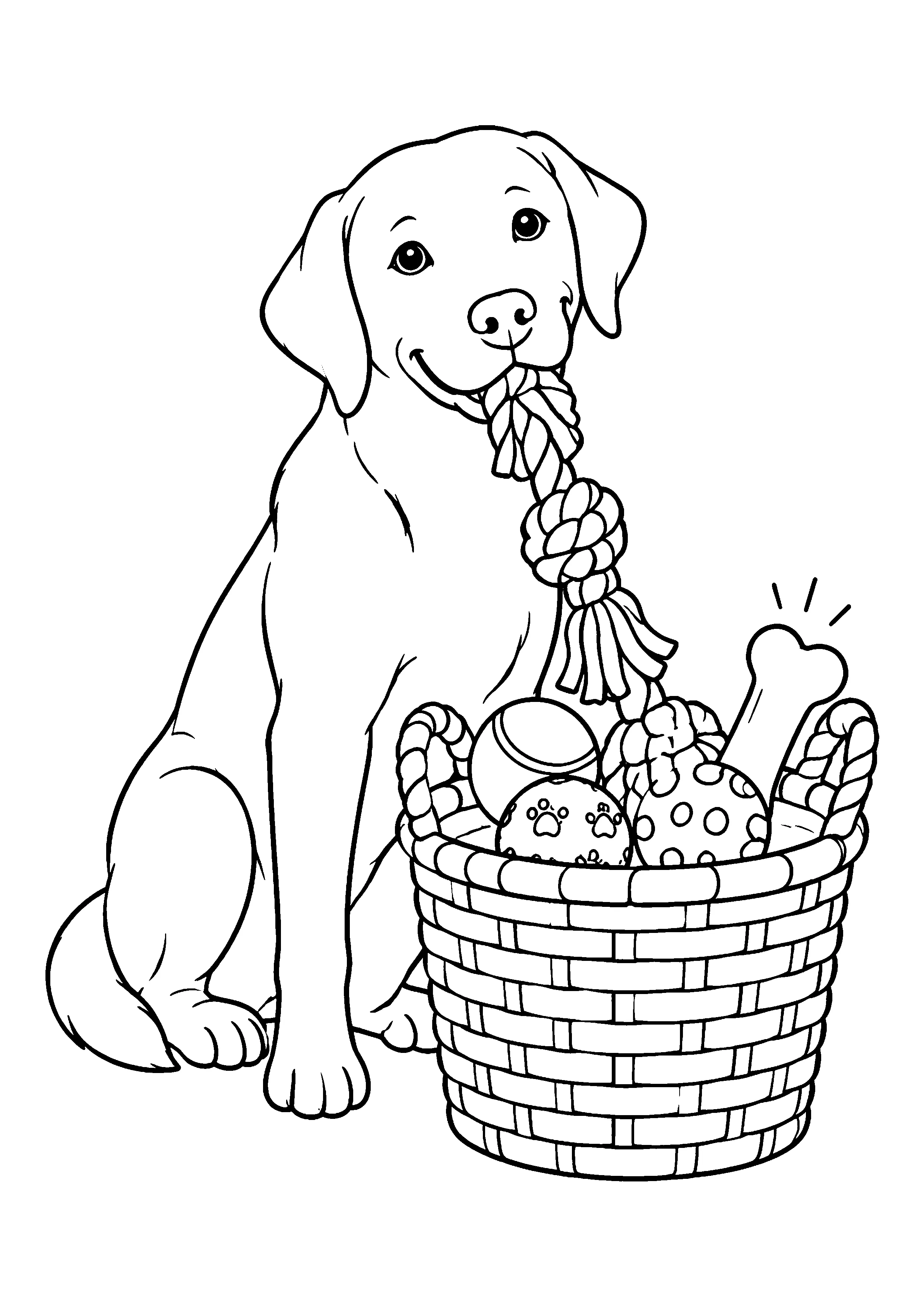 Labrador with toy basket coloring page, printable line art
