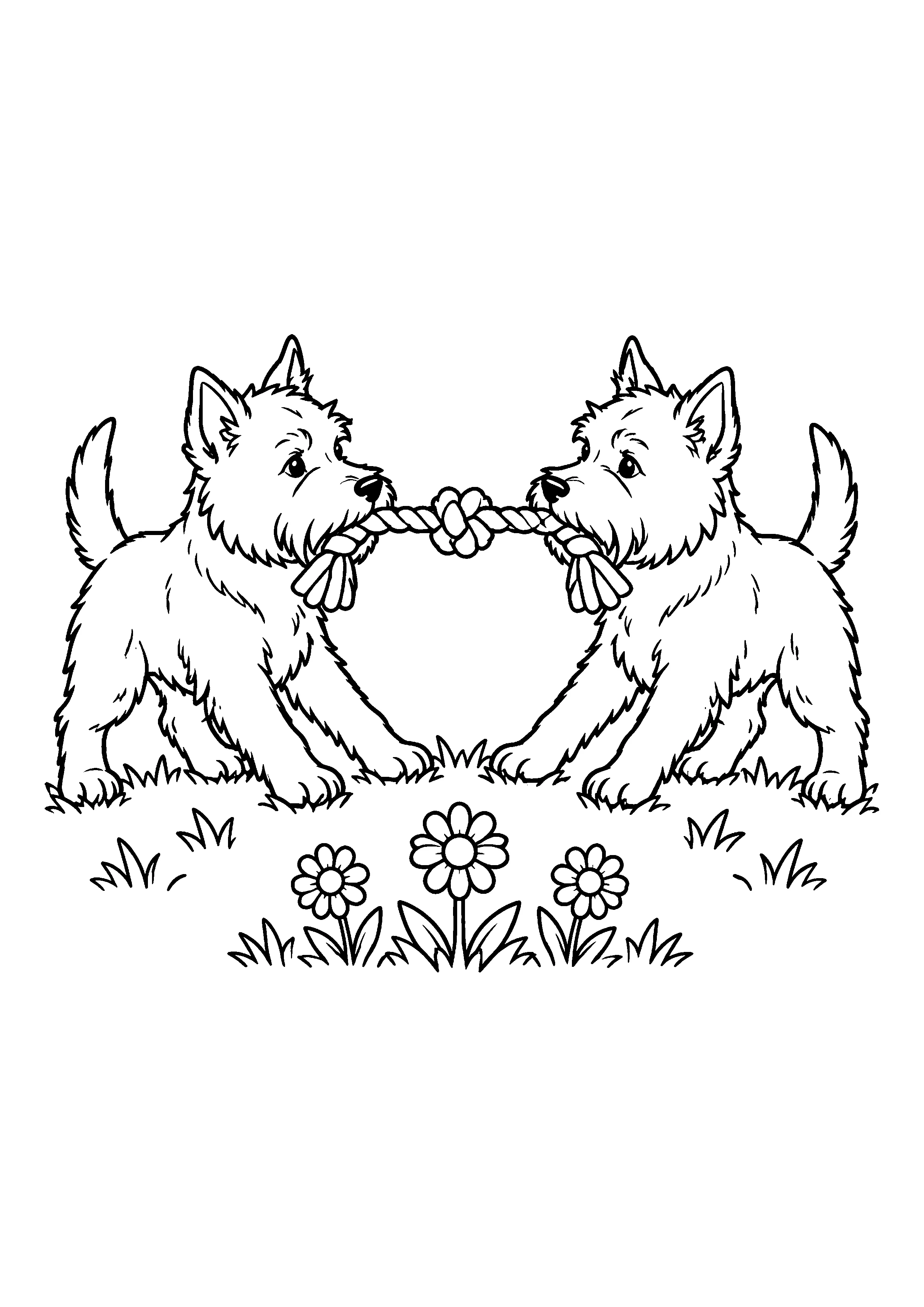 Terriers tugging a rope coloring page, printable line art