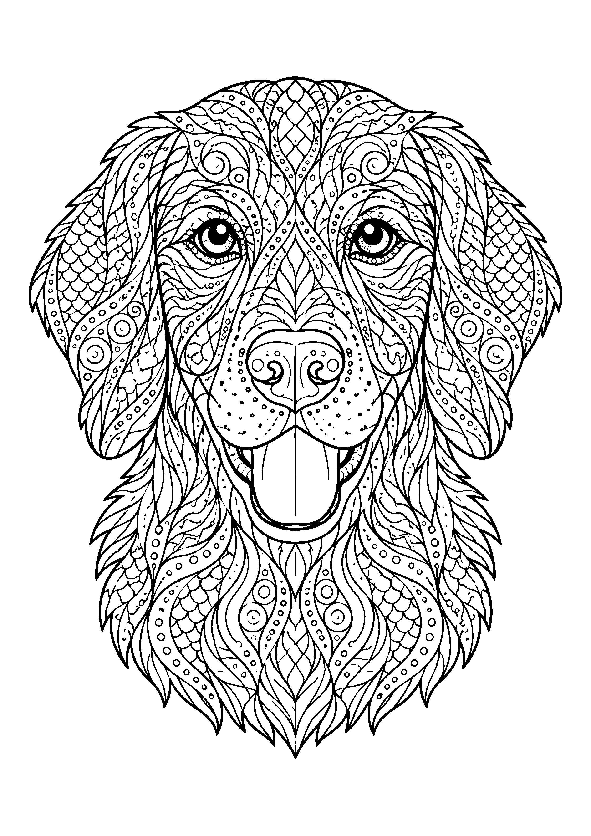 Ornamental dog head coloring page, printable line art