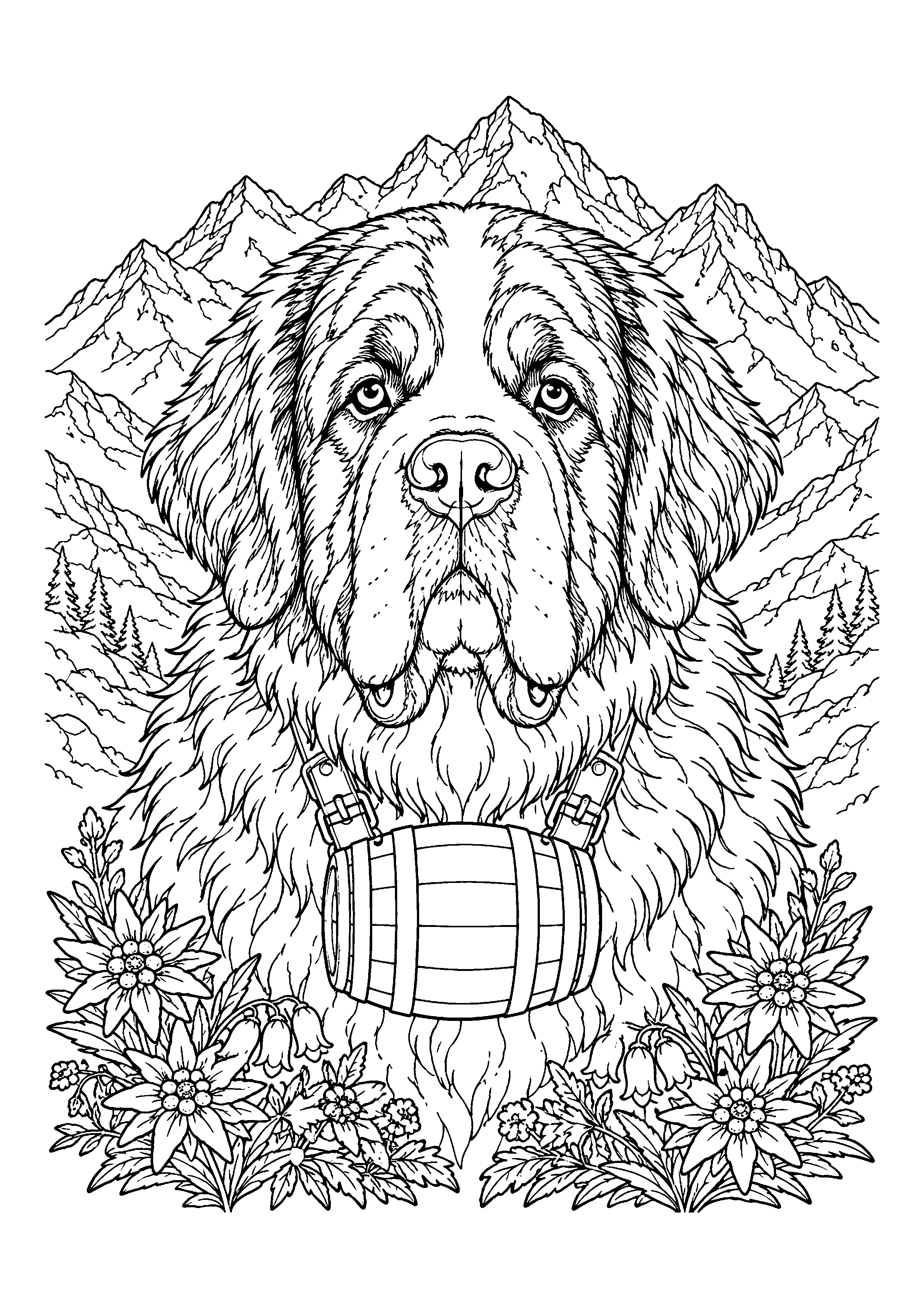 Saint Bernard with barrel coloring page, printable line art