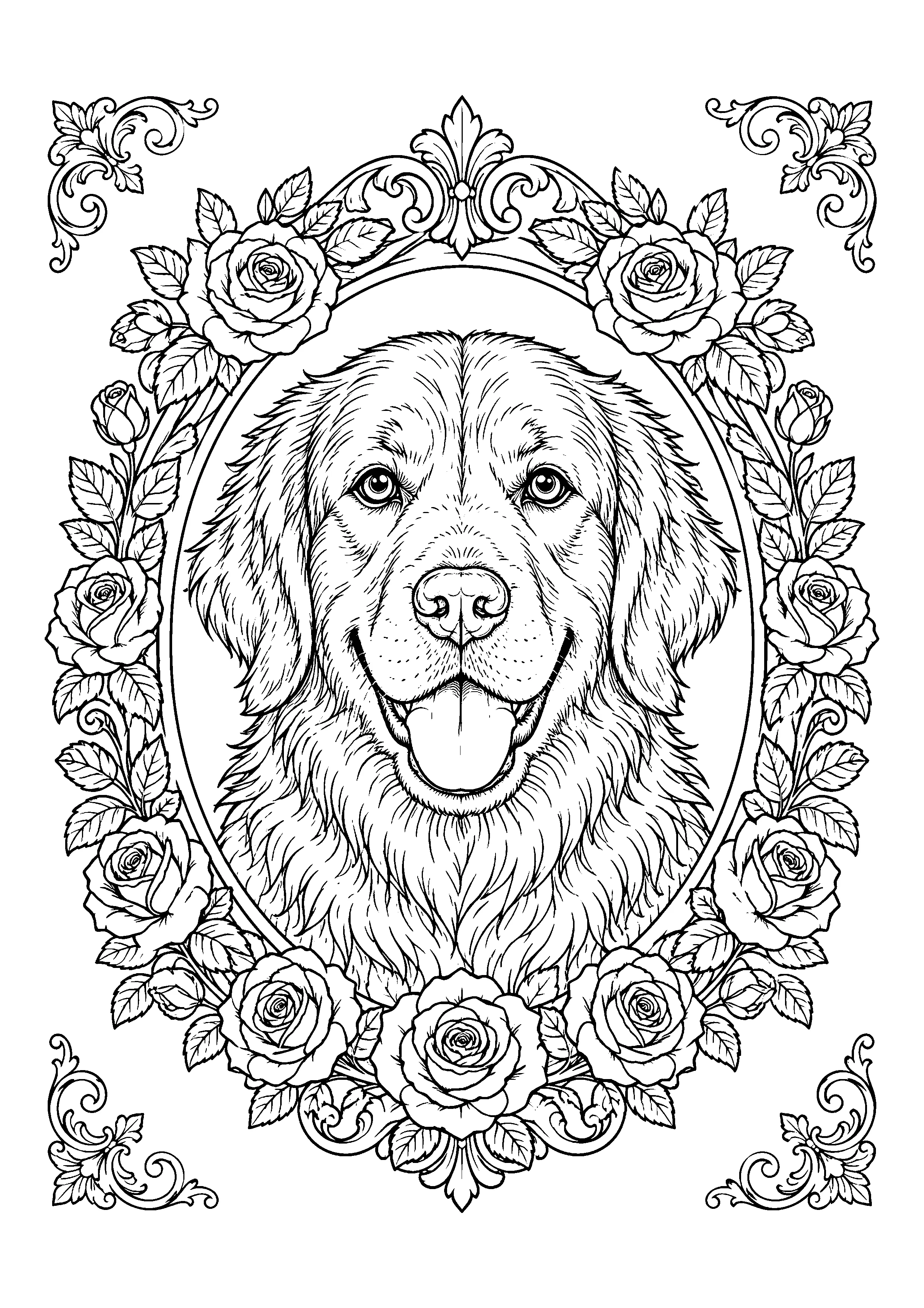 Golden retriever in oval rose frame coloring page, printable line art