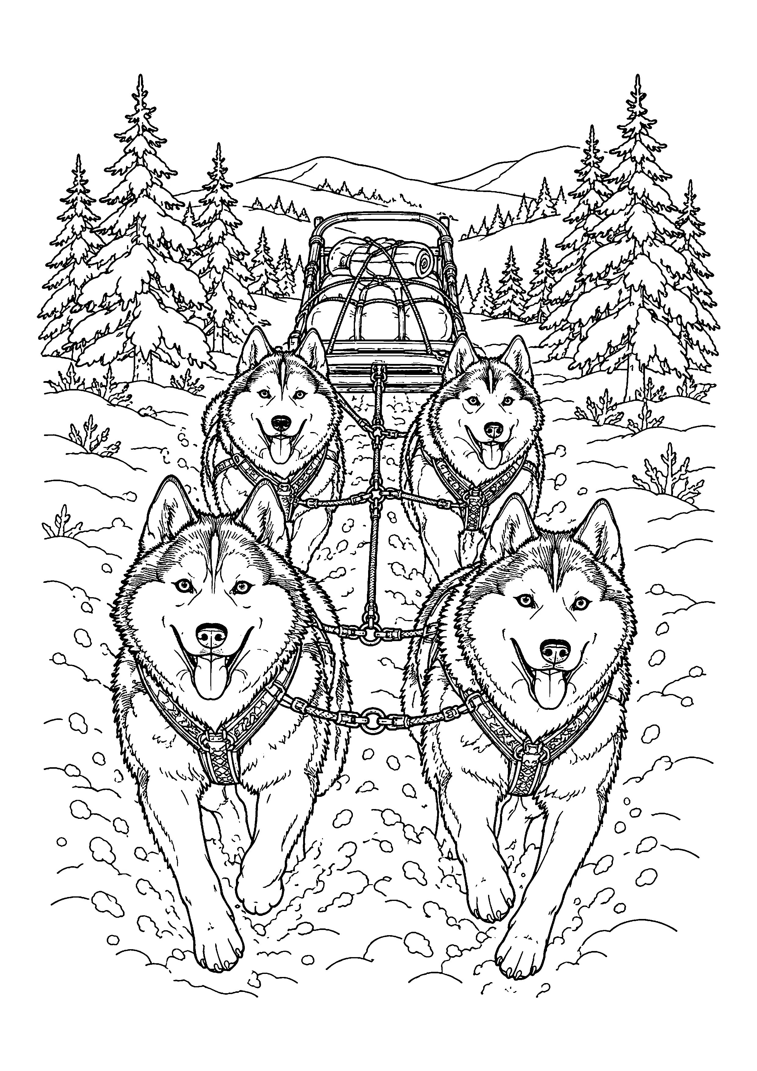 Sled dog team coloring page, printable line art