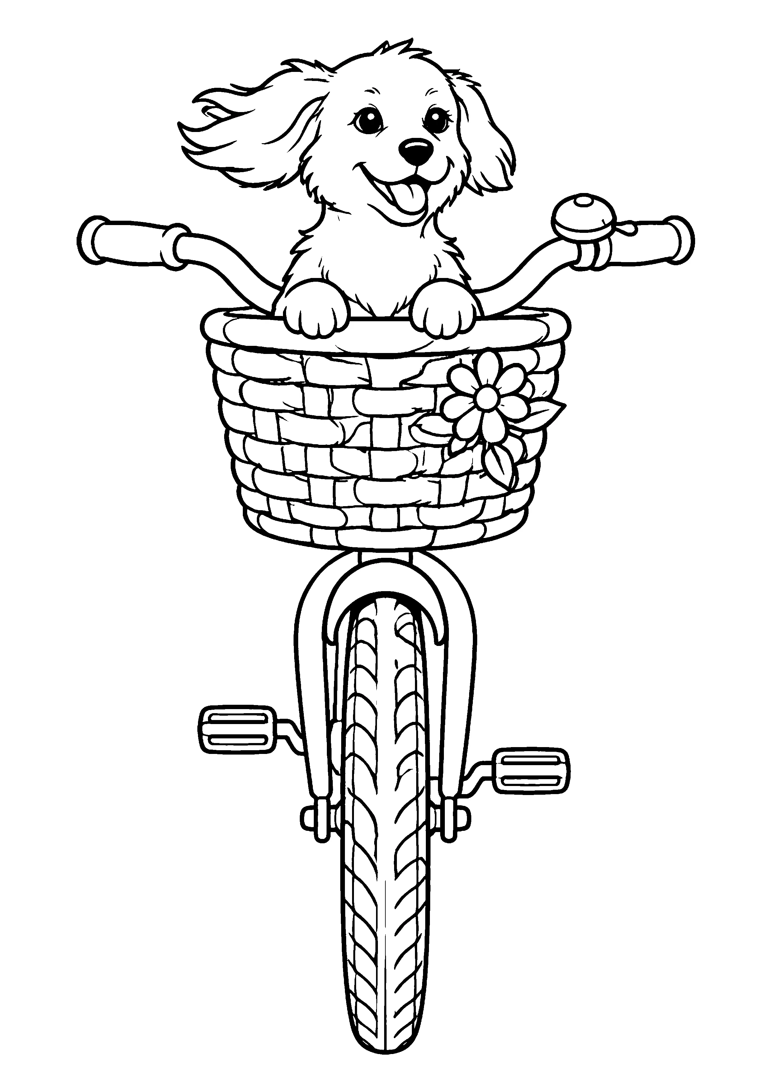 Puppy in bicycle basket coloring page, printable line art