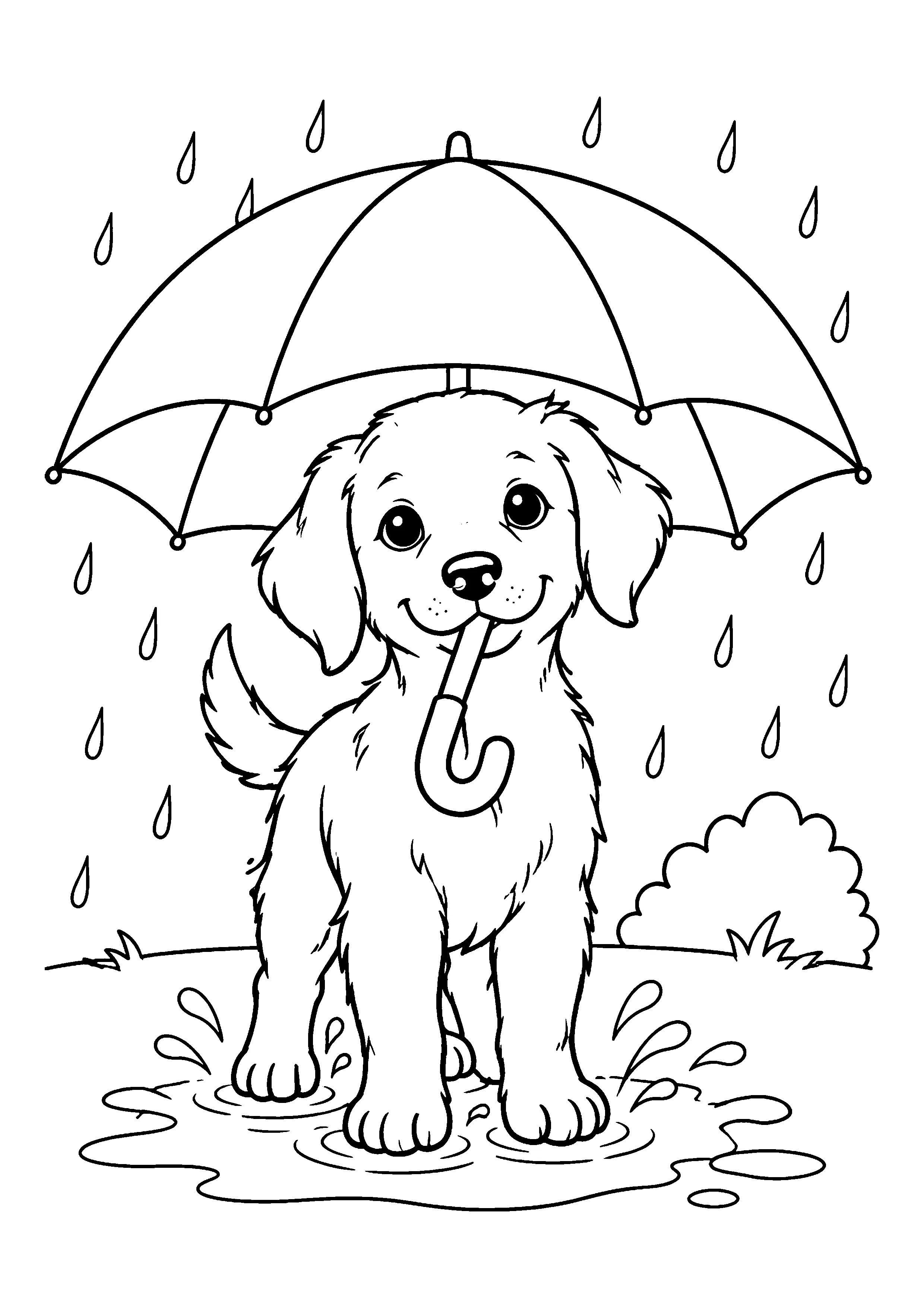 Puppy under umbrella coloring page, printable line art