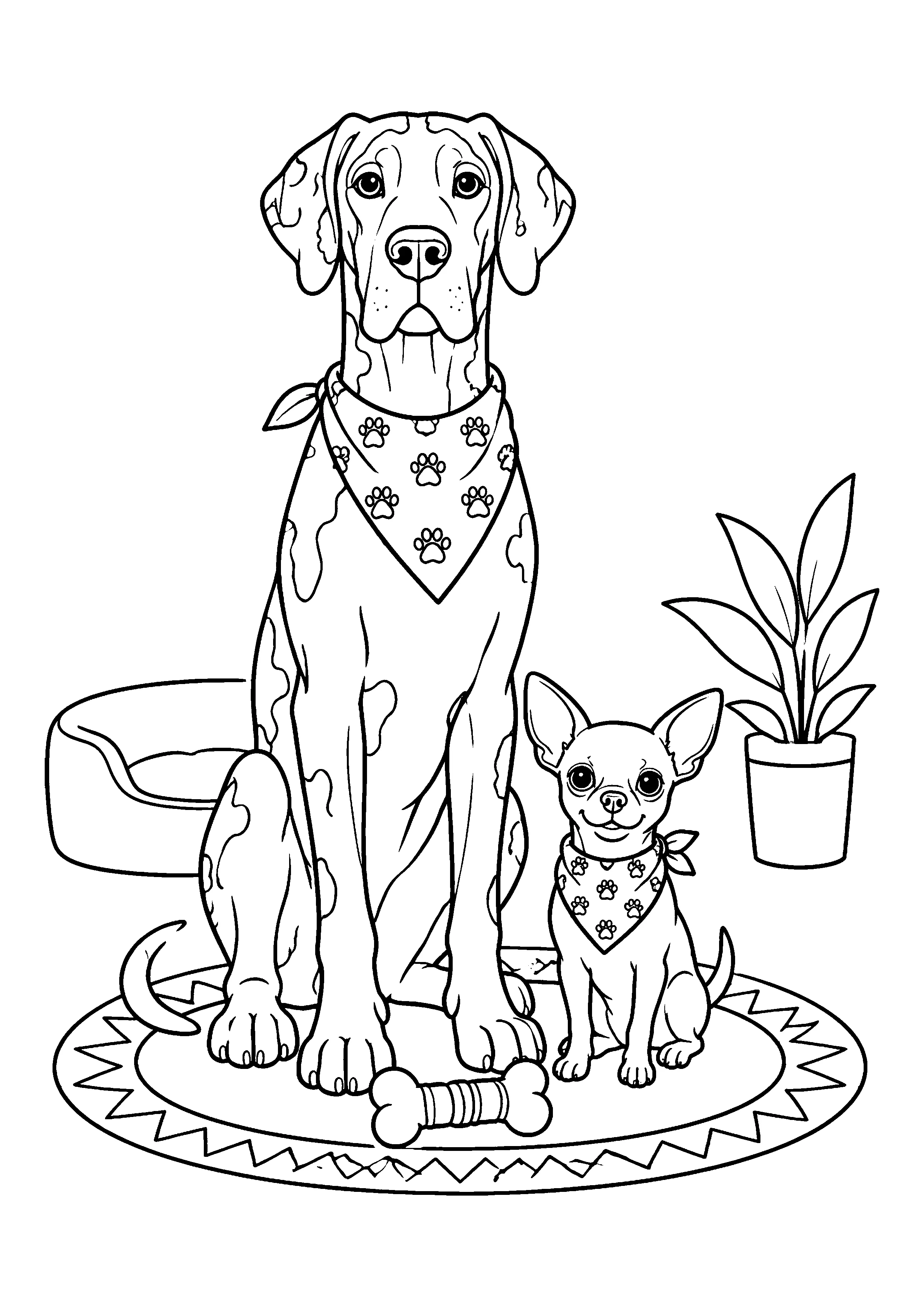 Great dane beside chihuahua coloring page, printable line art