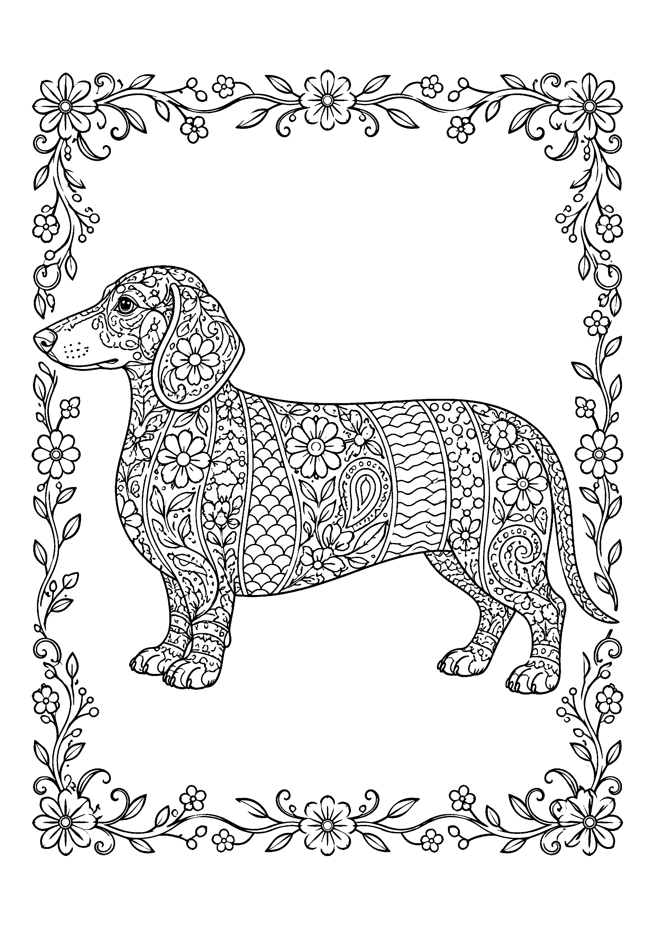 Dachshund in floral border coloring page, printable line art