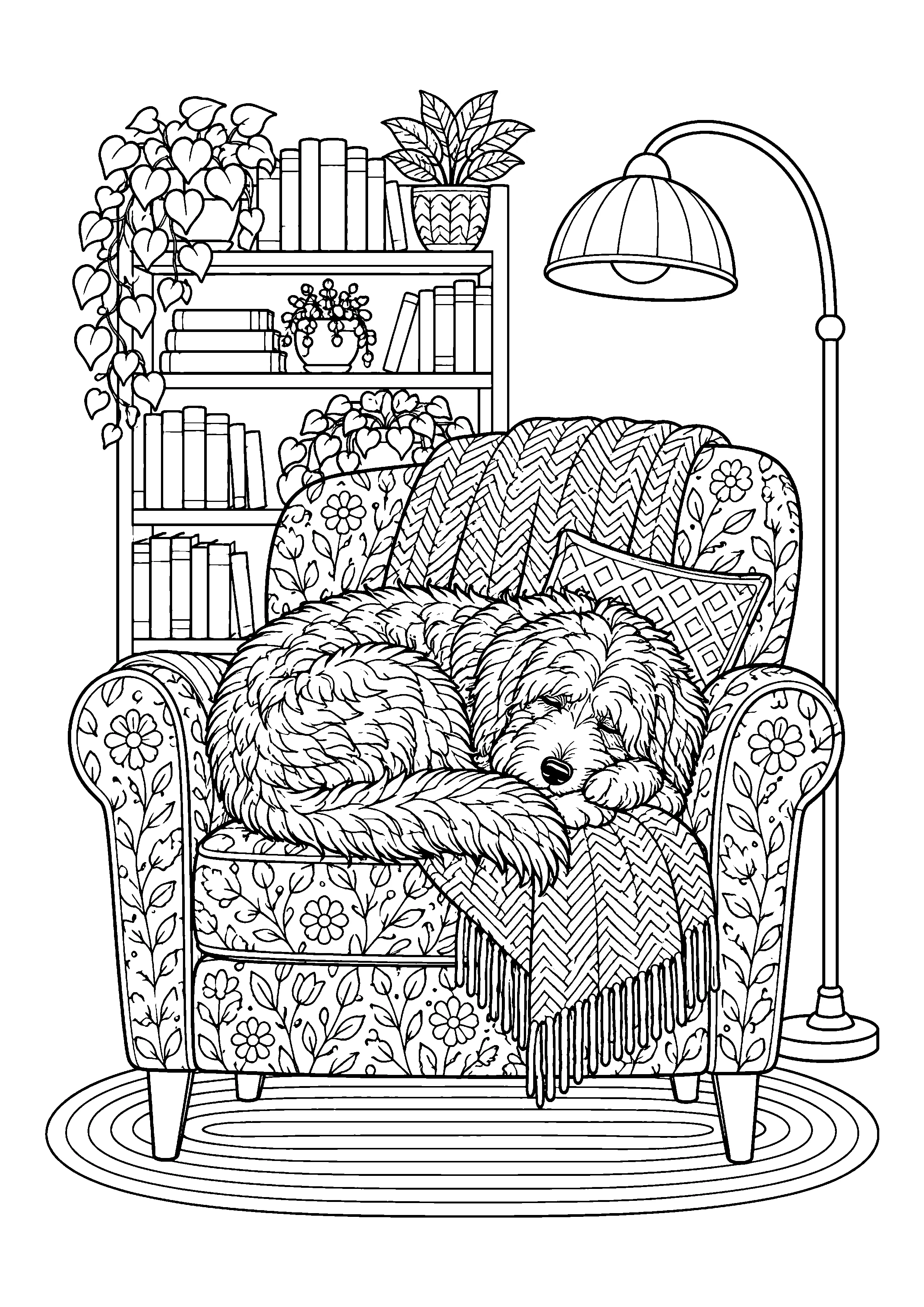 Shaggy dog asleep in armchair coloring page, printable line art
