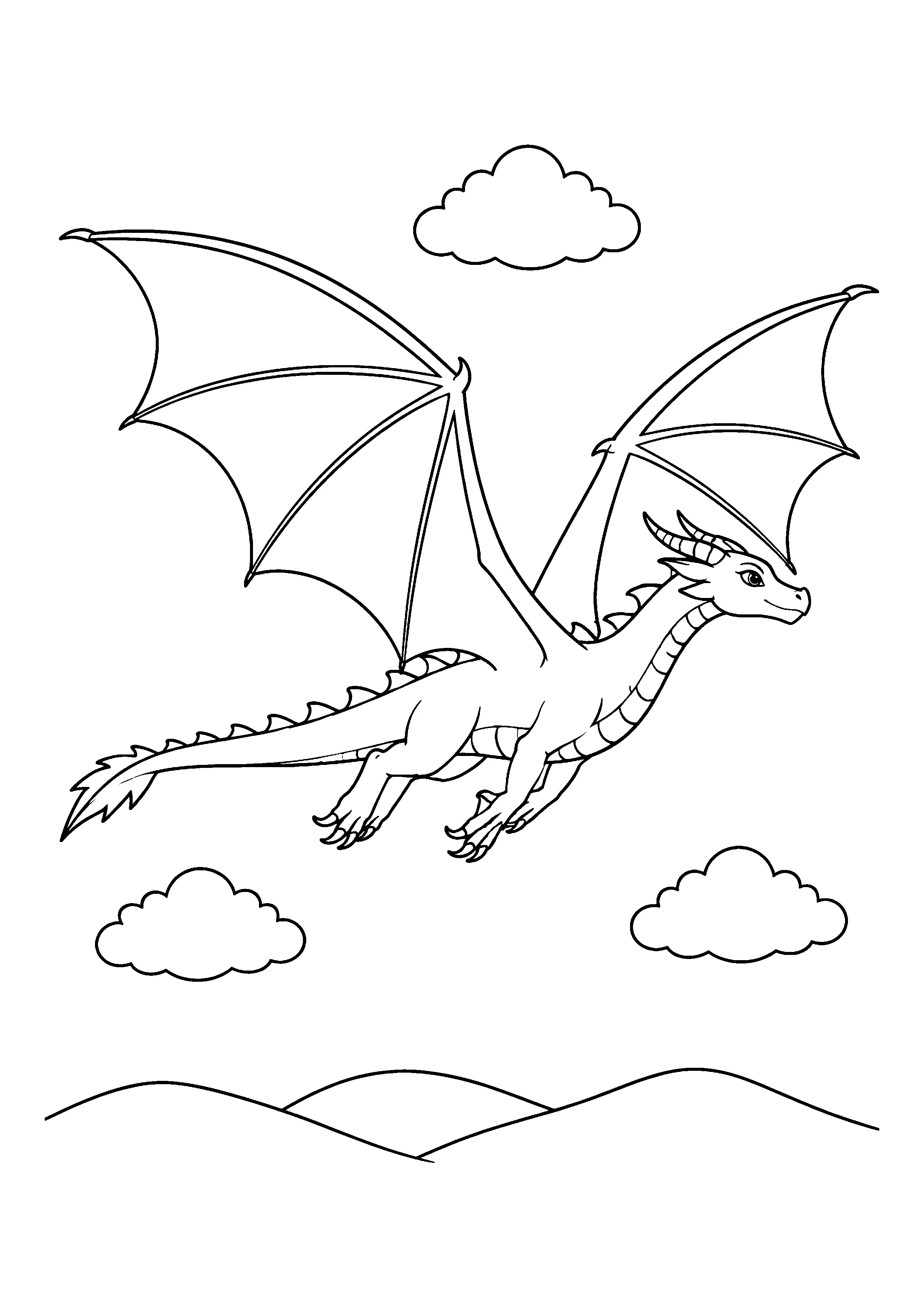 Dragon gliding over hills coloring page, printable line art