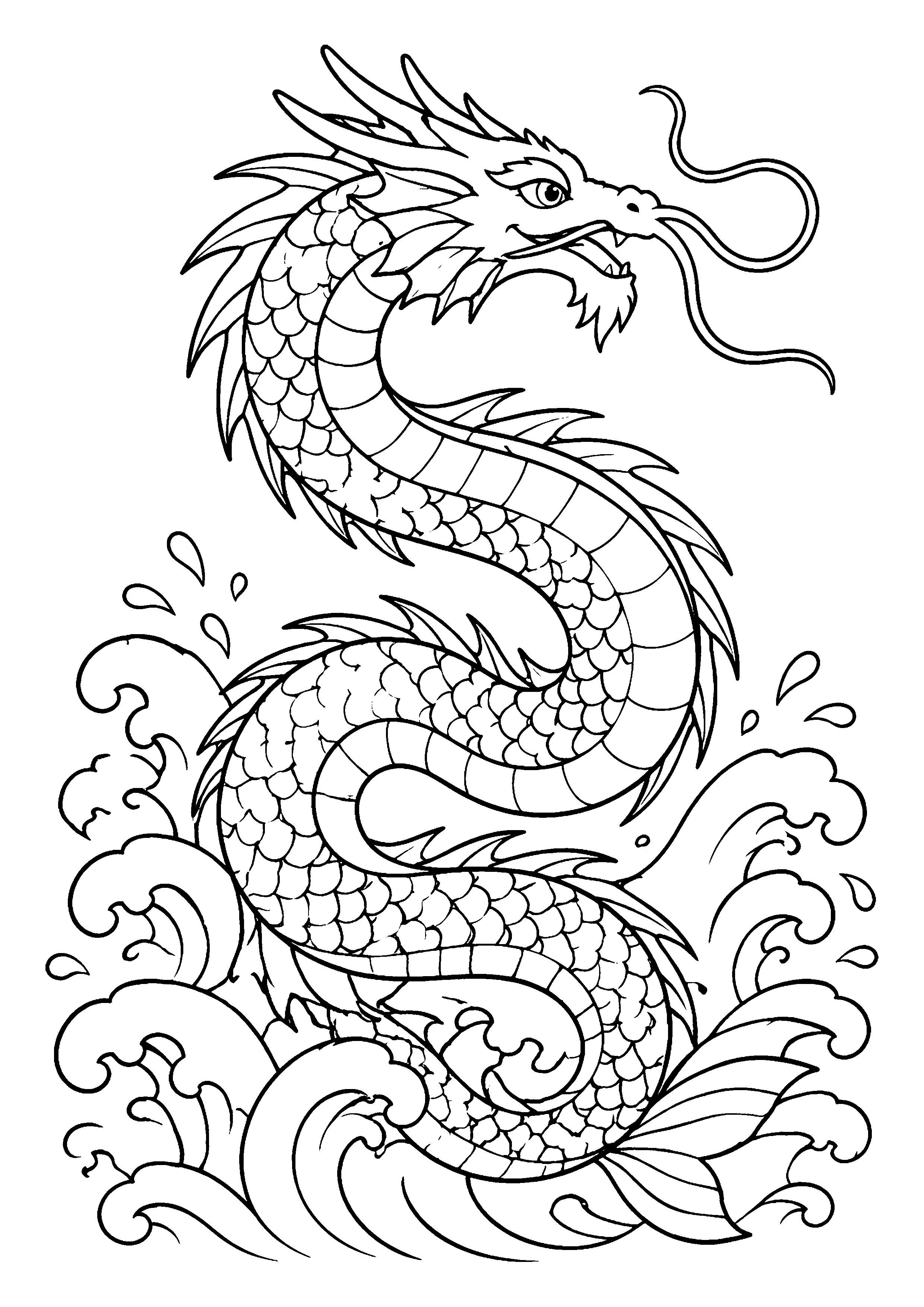 Coiling dragon in waves coloring page, printable line art