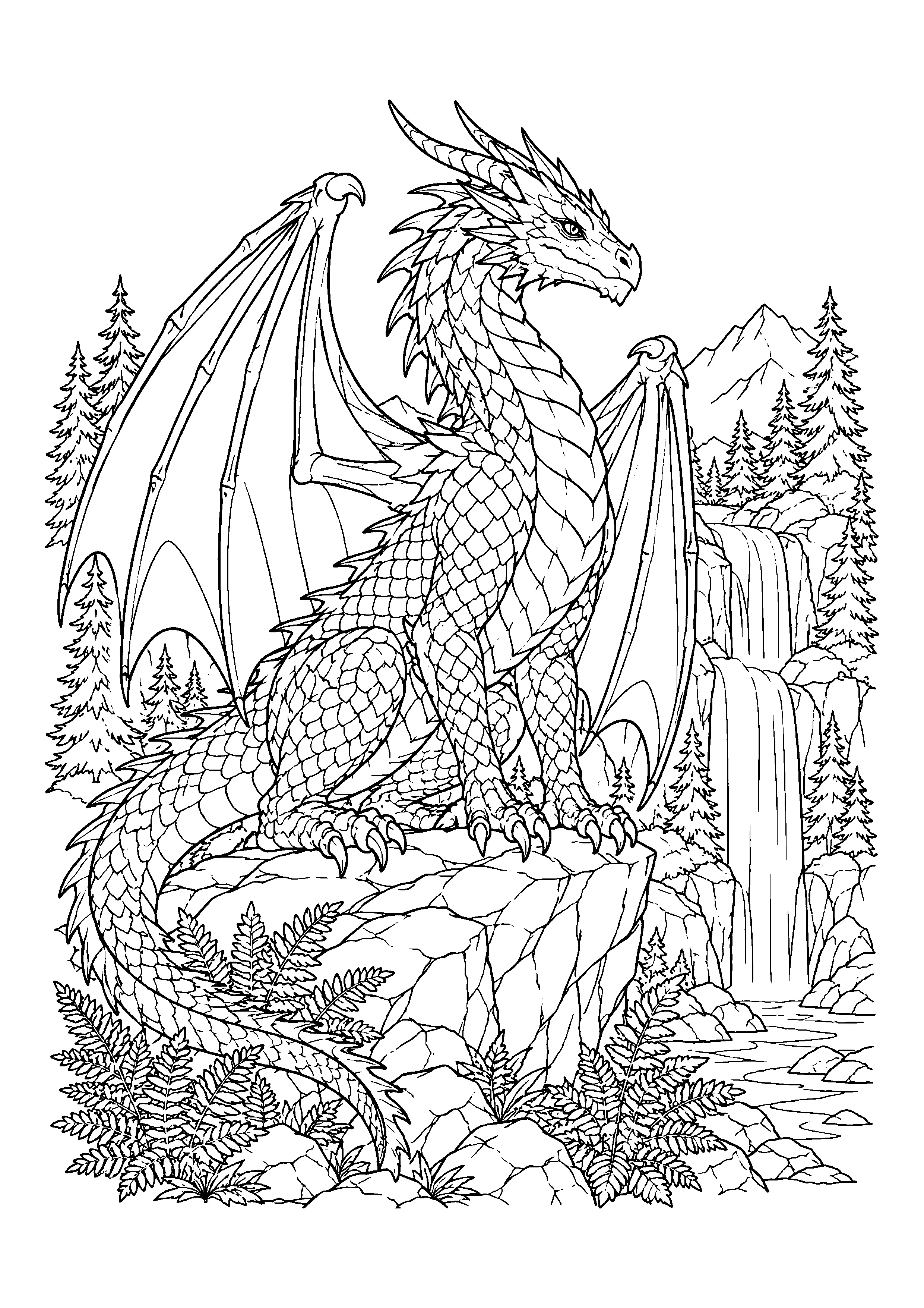 Dragon on rocky cliff with waterfall coloring page, printable line art