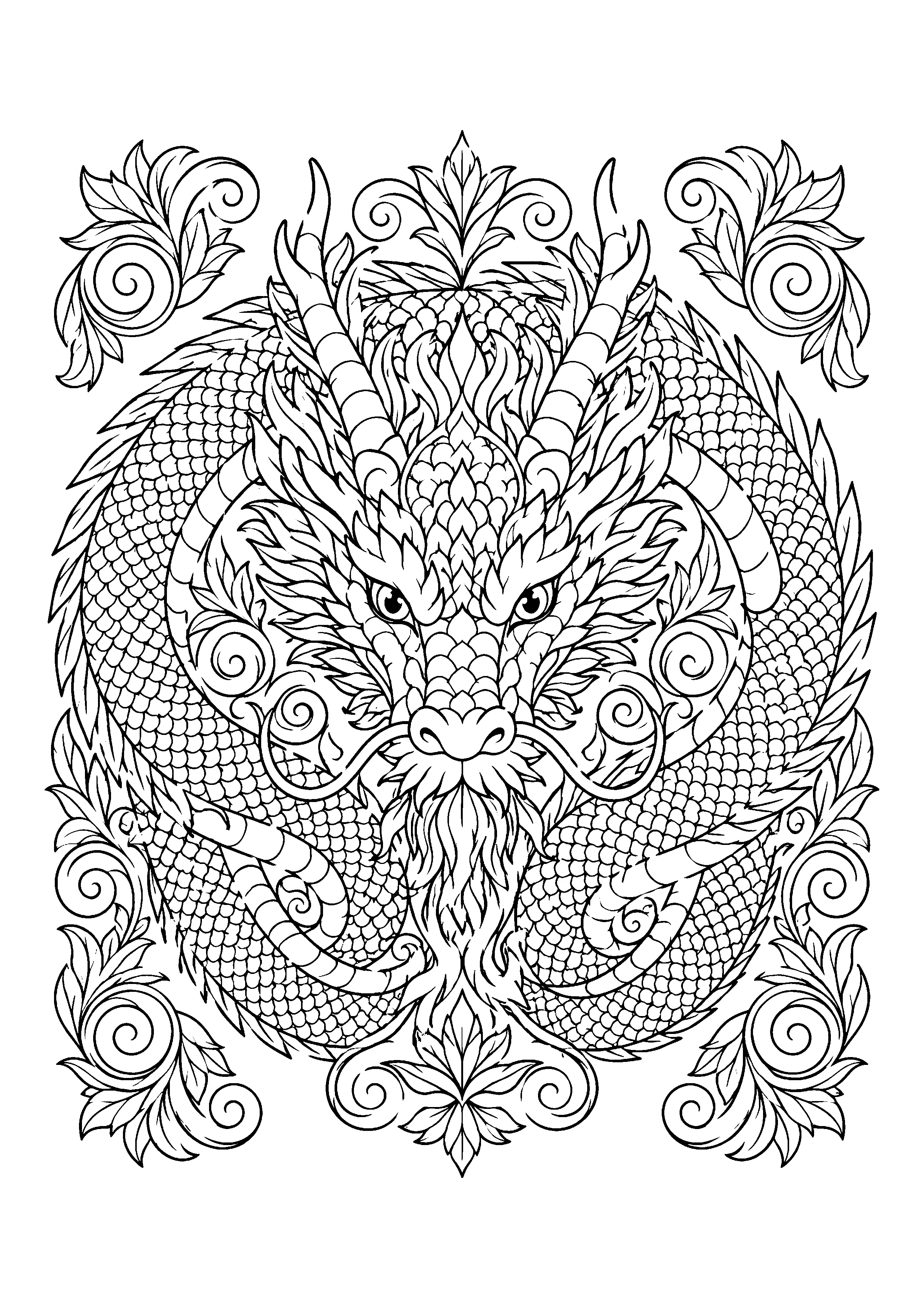Ornamental dragon head coloring page, printable line art