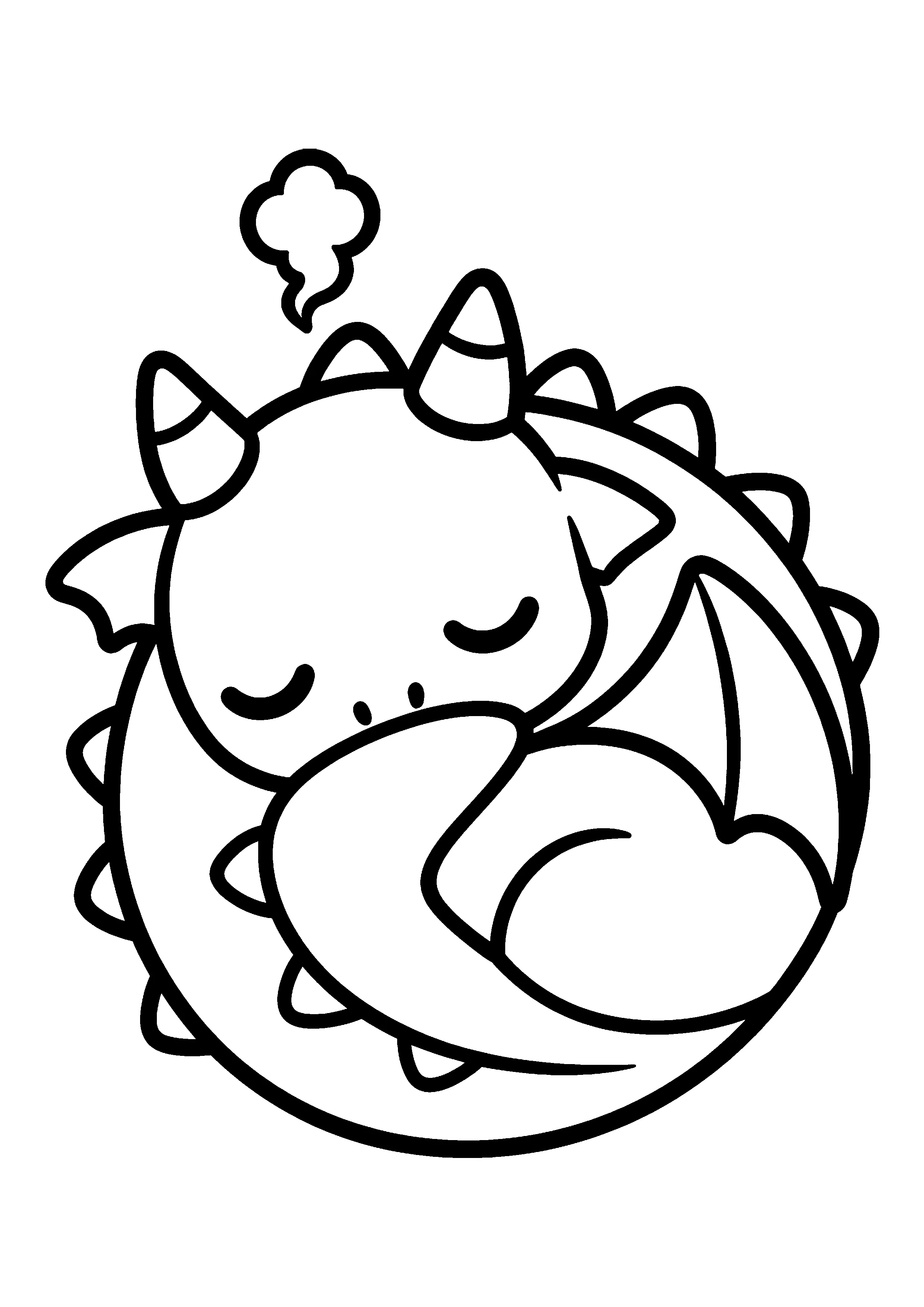 Sleeping dragon curled up coloring page, printable line art