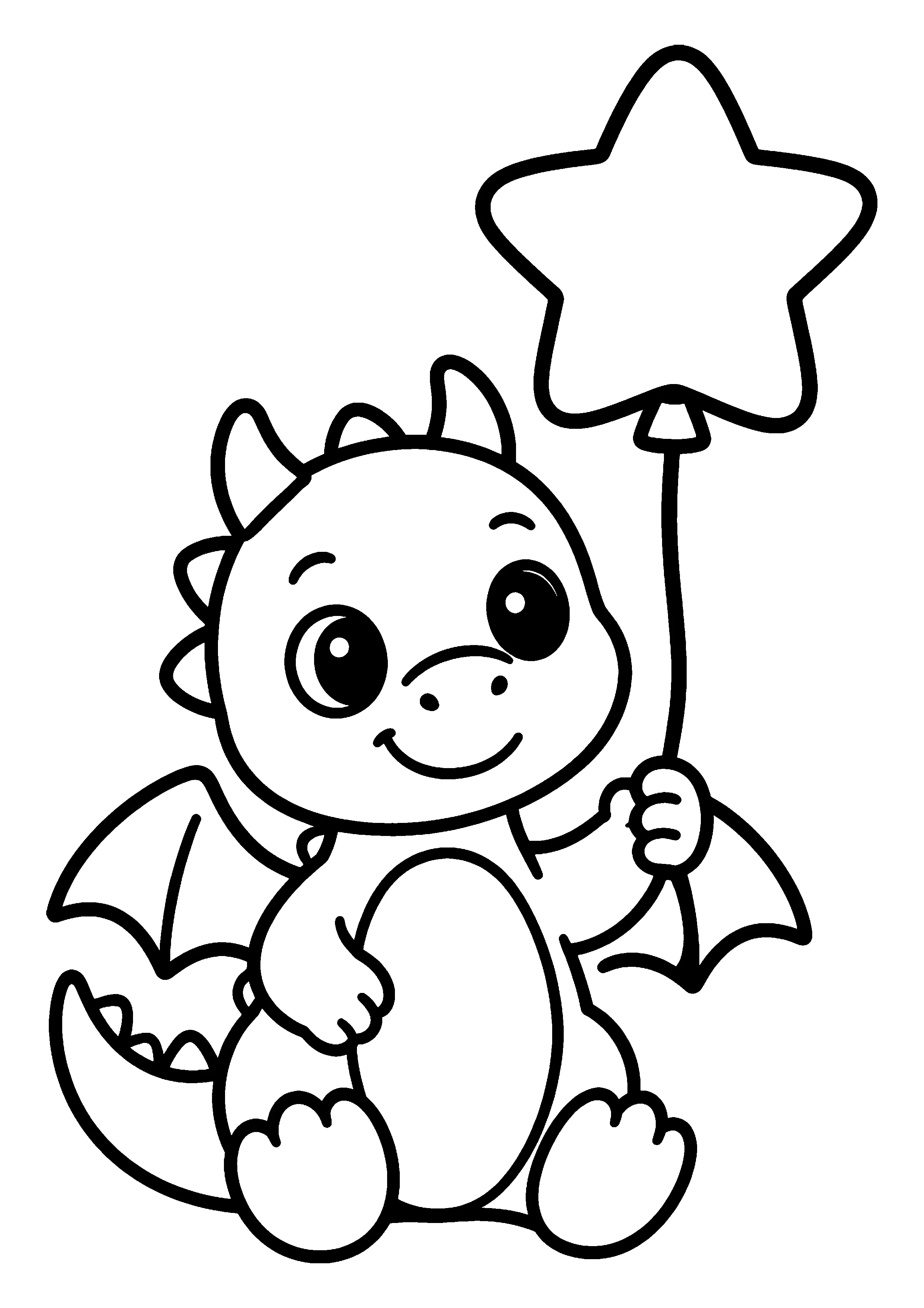 Baby dragon with star balloon coloring page, printable line art