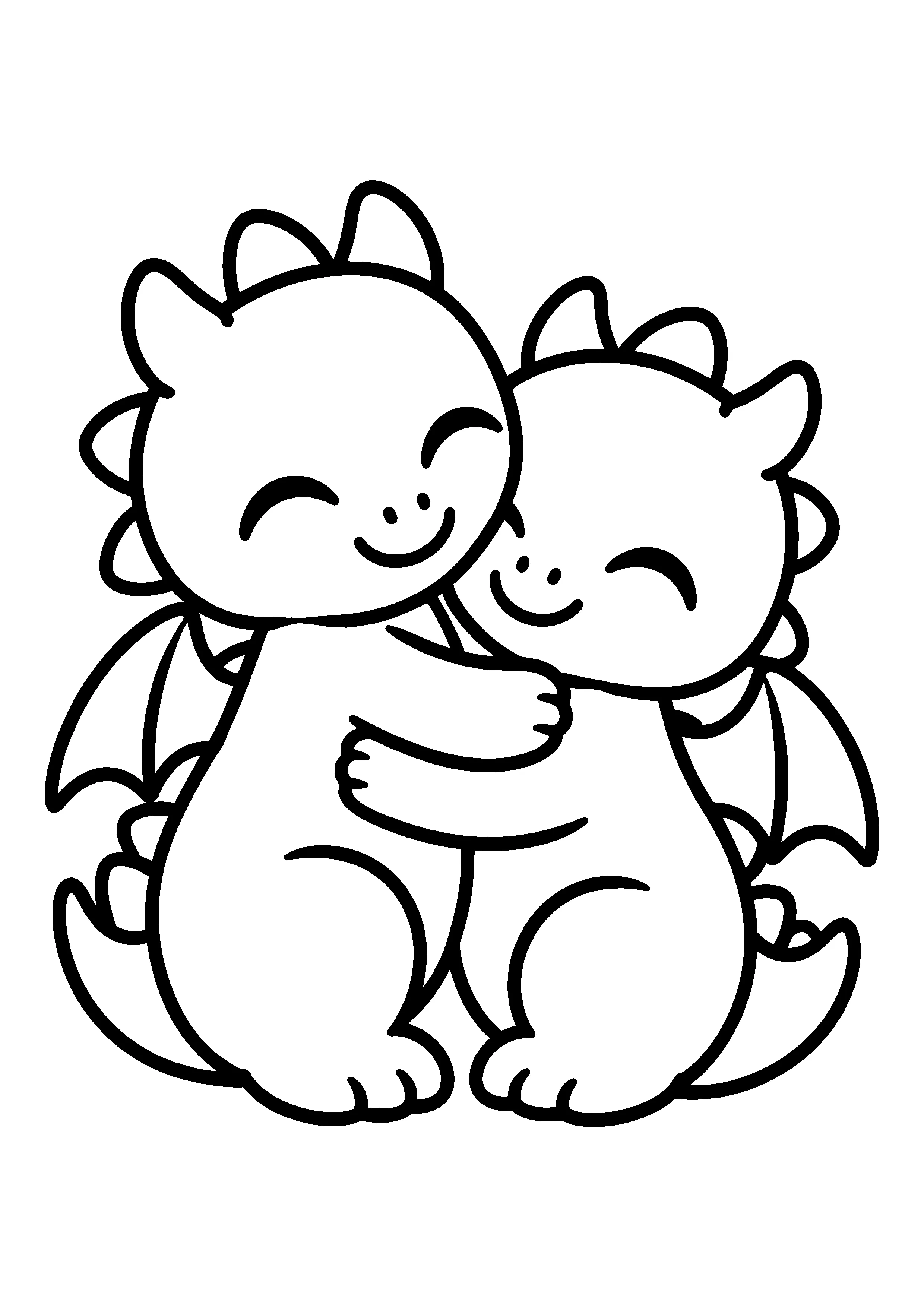 Two baby dragons hugging coloring page, printable line art