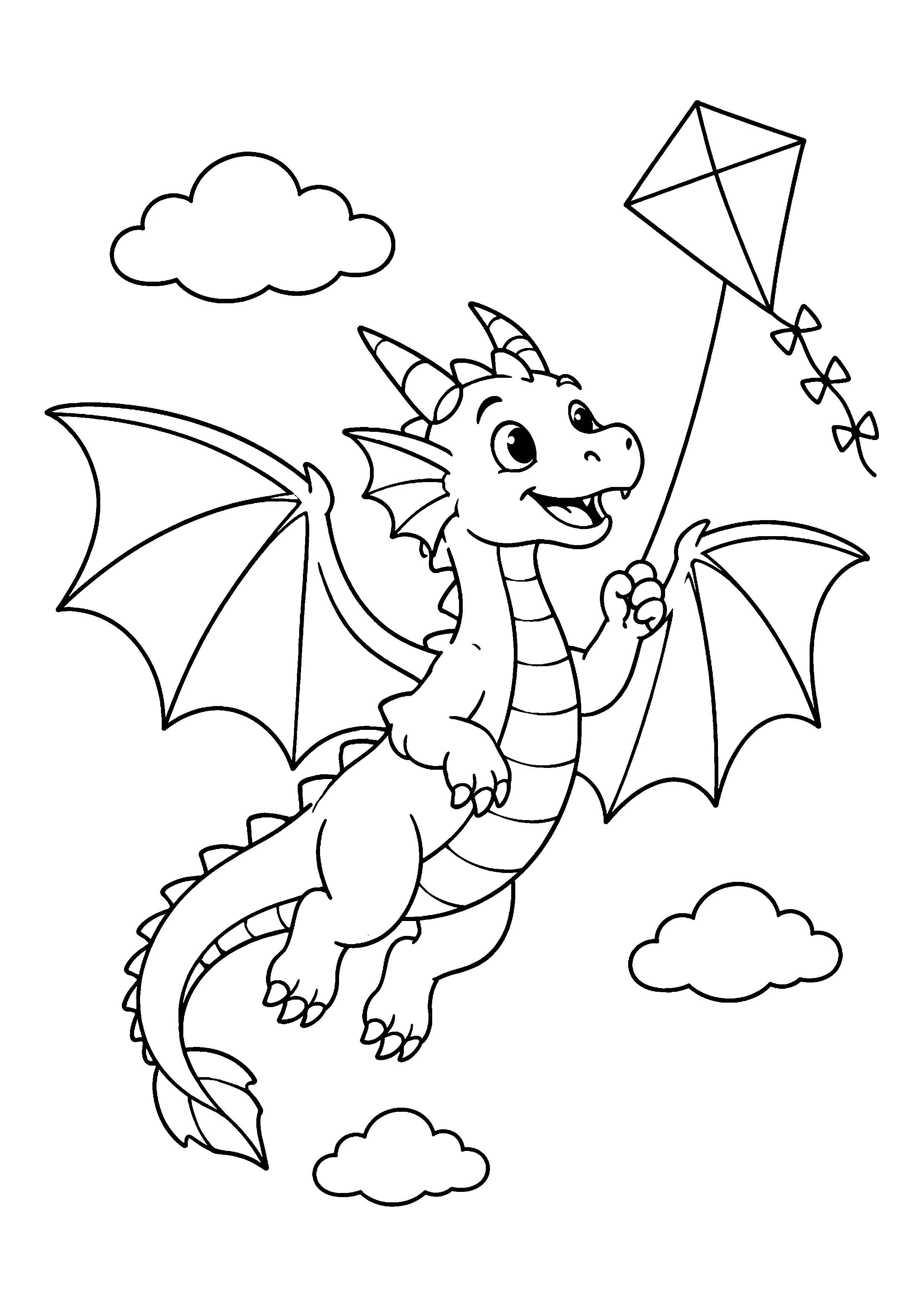 Dragon flying a kite coloring page, printable line art