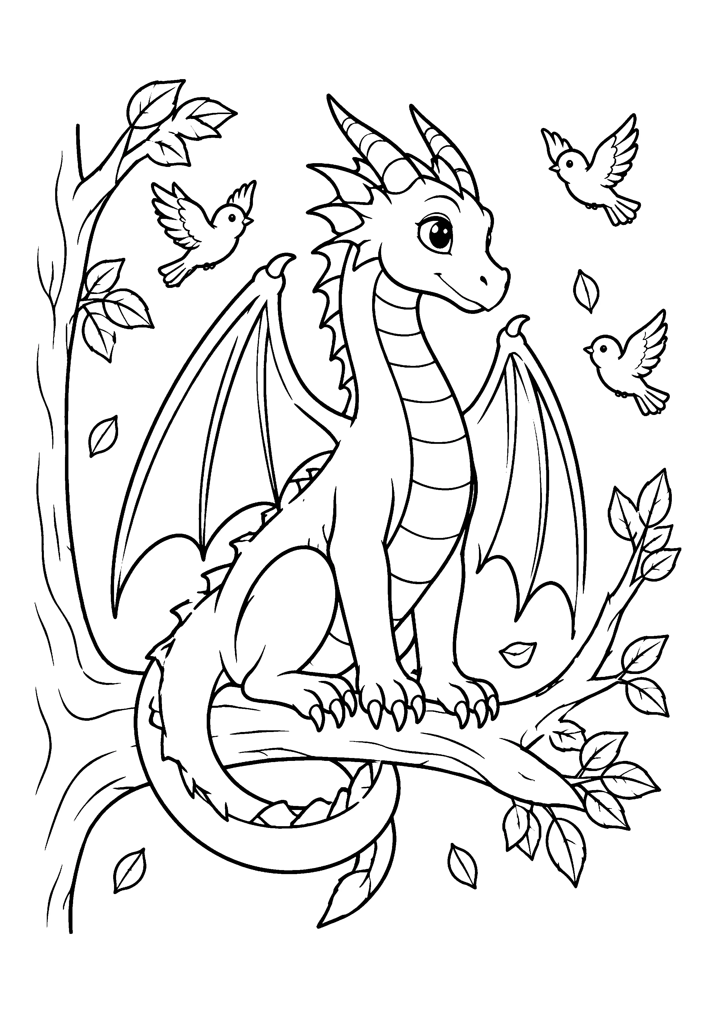 Dragon on tree branch coloring page, printable line art