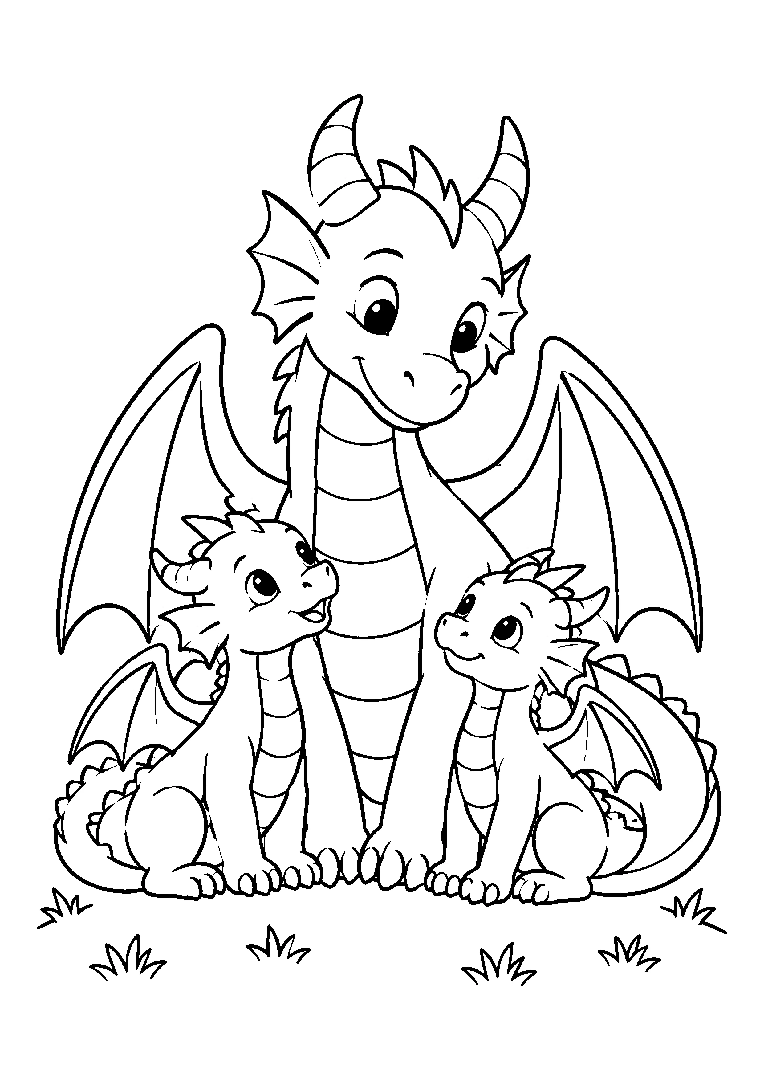 Dragon family on a grassy hill coloring page, printable line art
