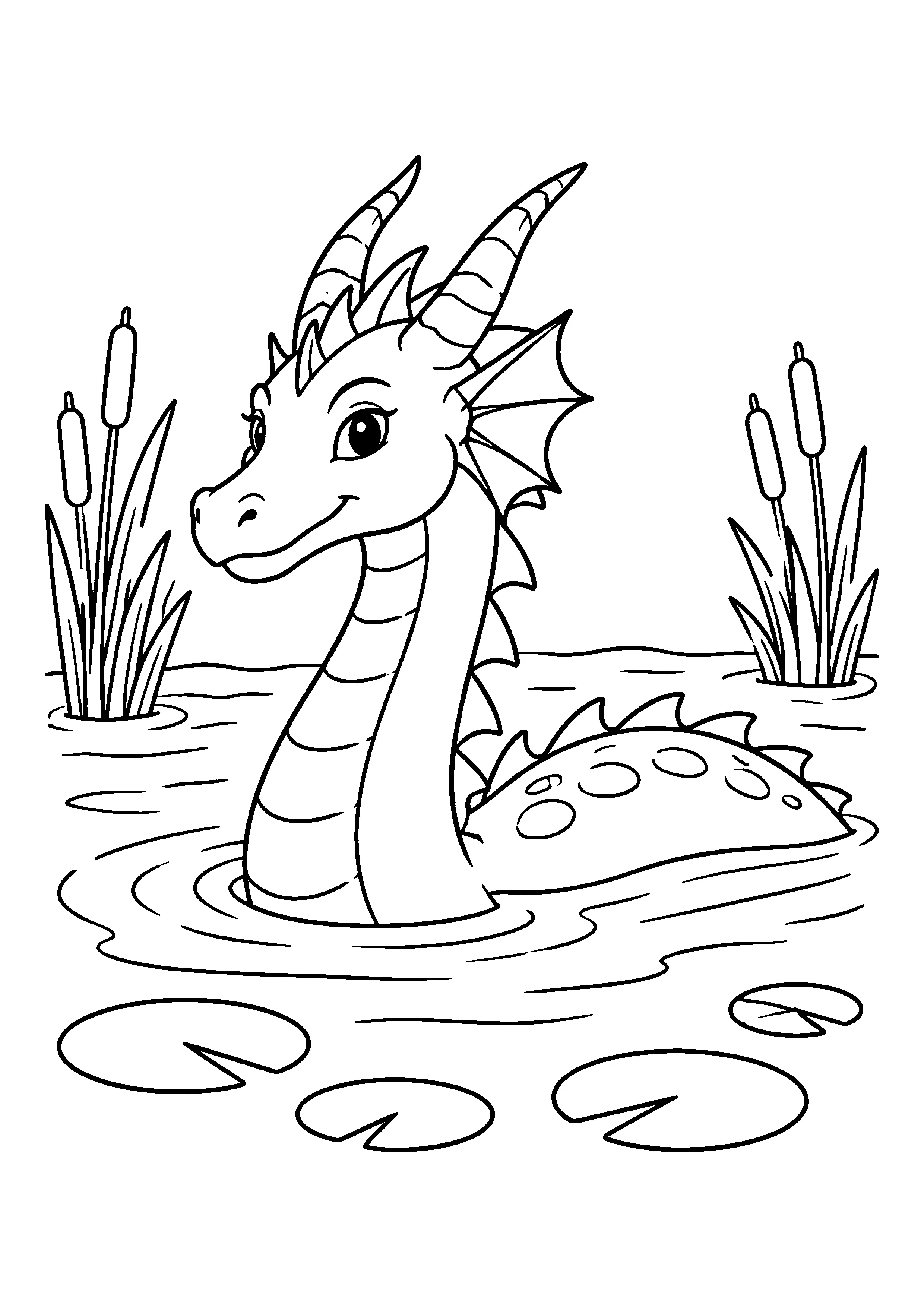 Dragon swimming in lake coloring page, printable line art