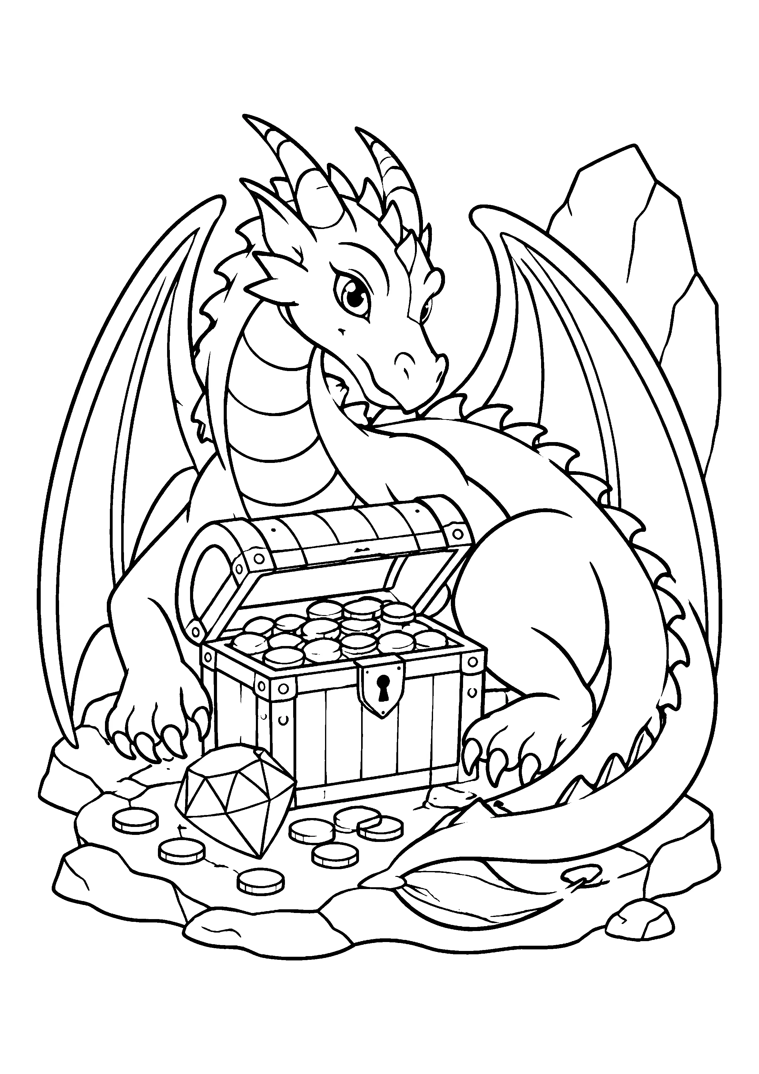 Dragon guarding treasure chest coloring page, printable line art